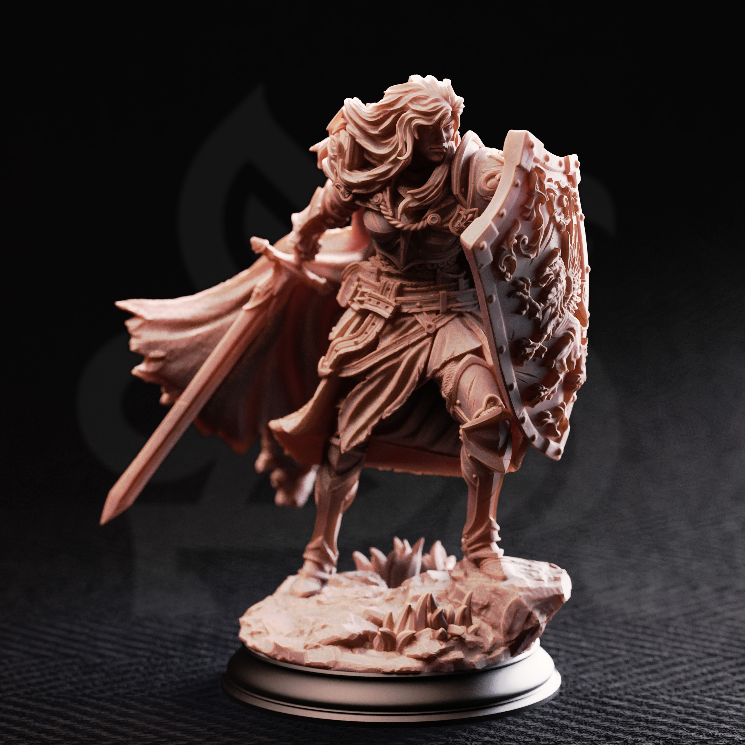 Unpainted resin miniature of Lydia the Untarnished, golden griffin sergeant