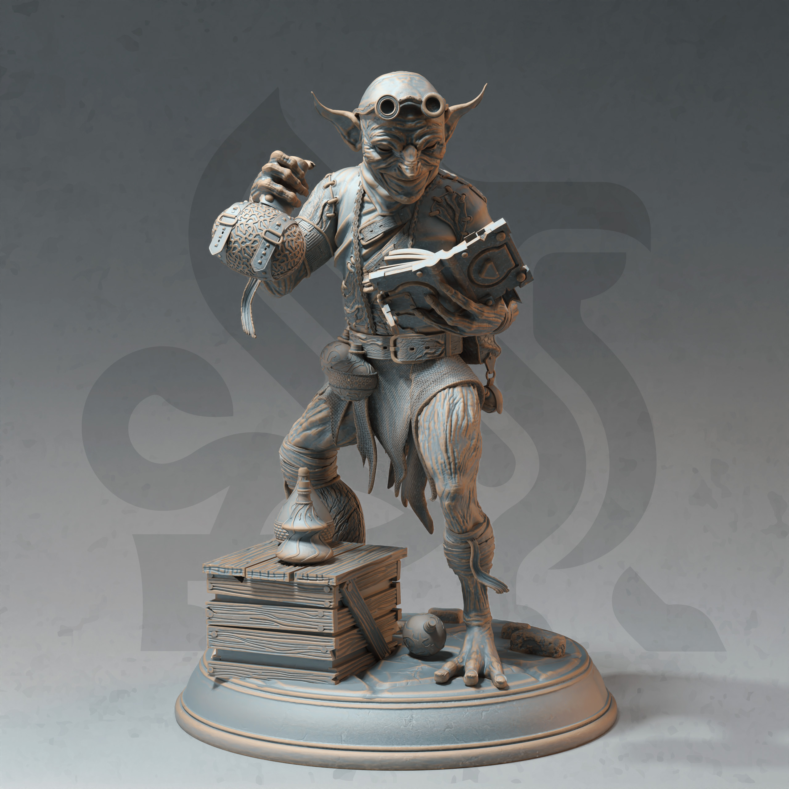 Unpainted resin miniature of Mana Goblins, a goblin alchemist/rogue/sorcerer, on a round base