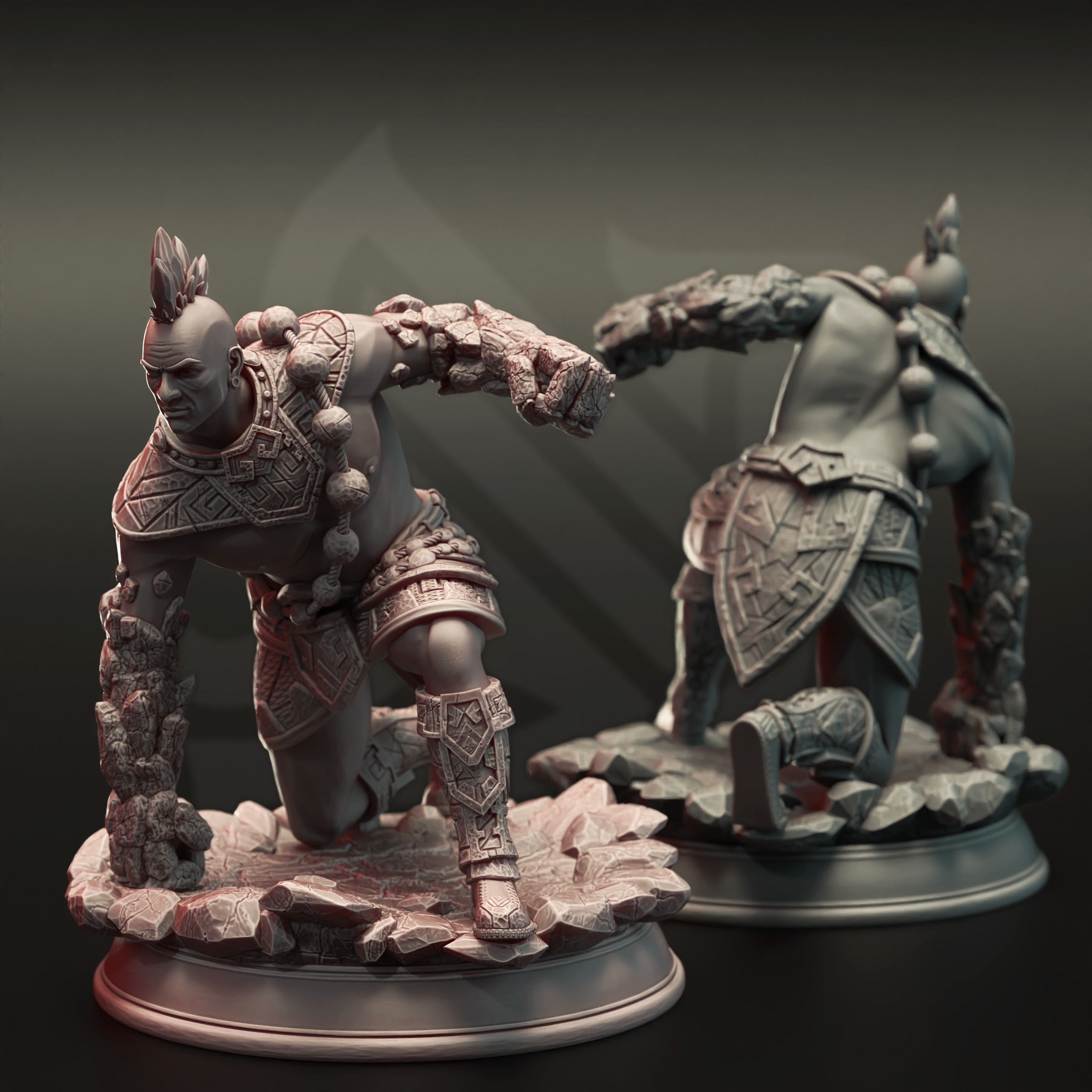 Unpainted resin miniature of Markus Craghand, an elemi fighter/monk/vanguard, on a round base