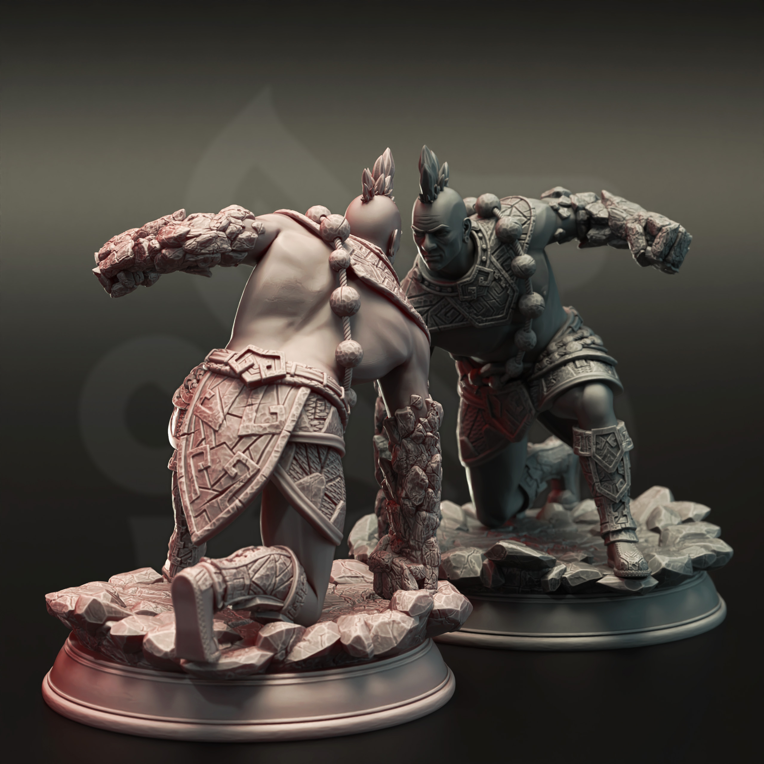 Unpainted resin miniature of Markus Craghand, an elemi fighter/monk/vanguard, on a round base — view 2 of 4