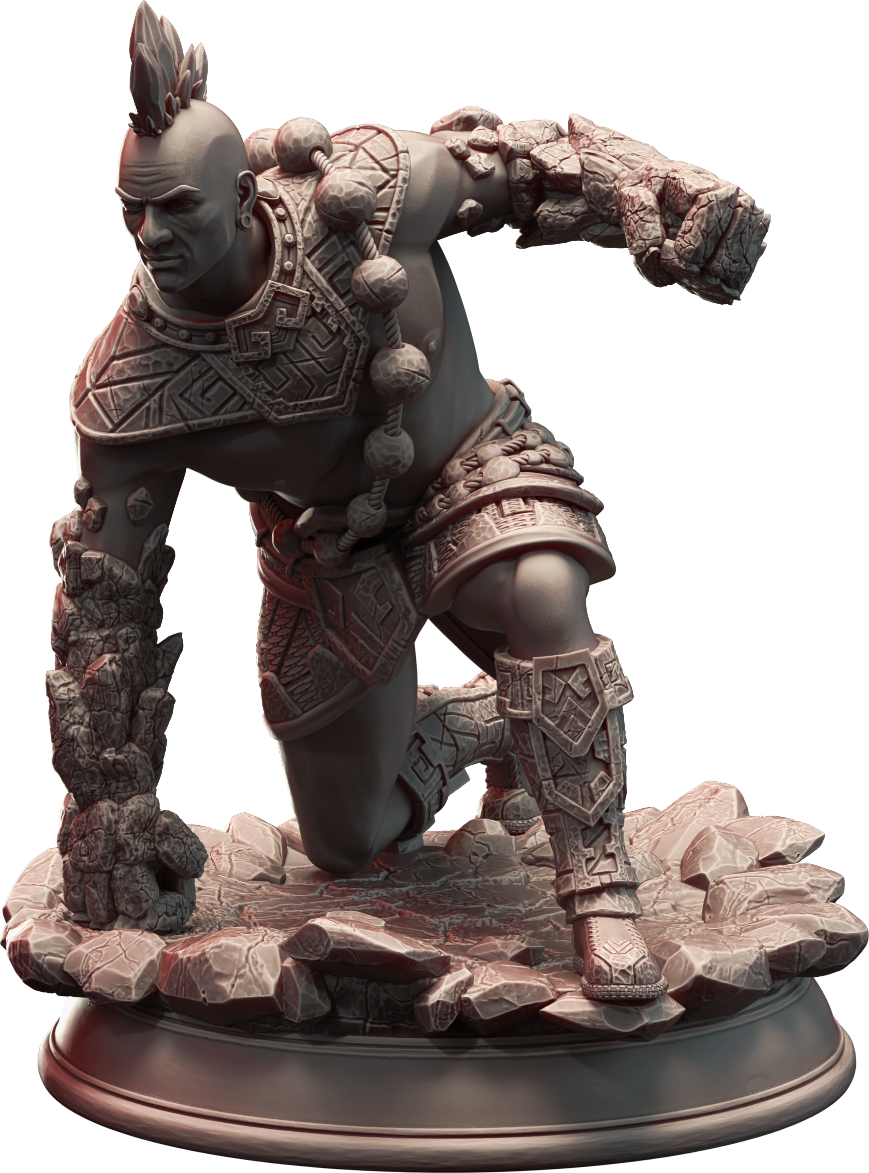 Unpainted resin miniature of Markus Craghand, an elemi fighter/monk/vanguard, on a round base — view 4 of 4