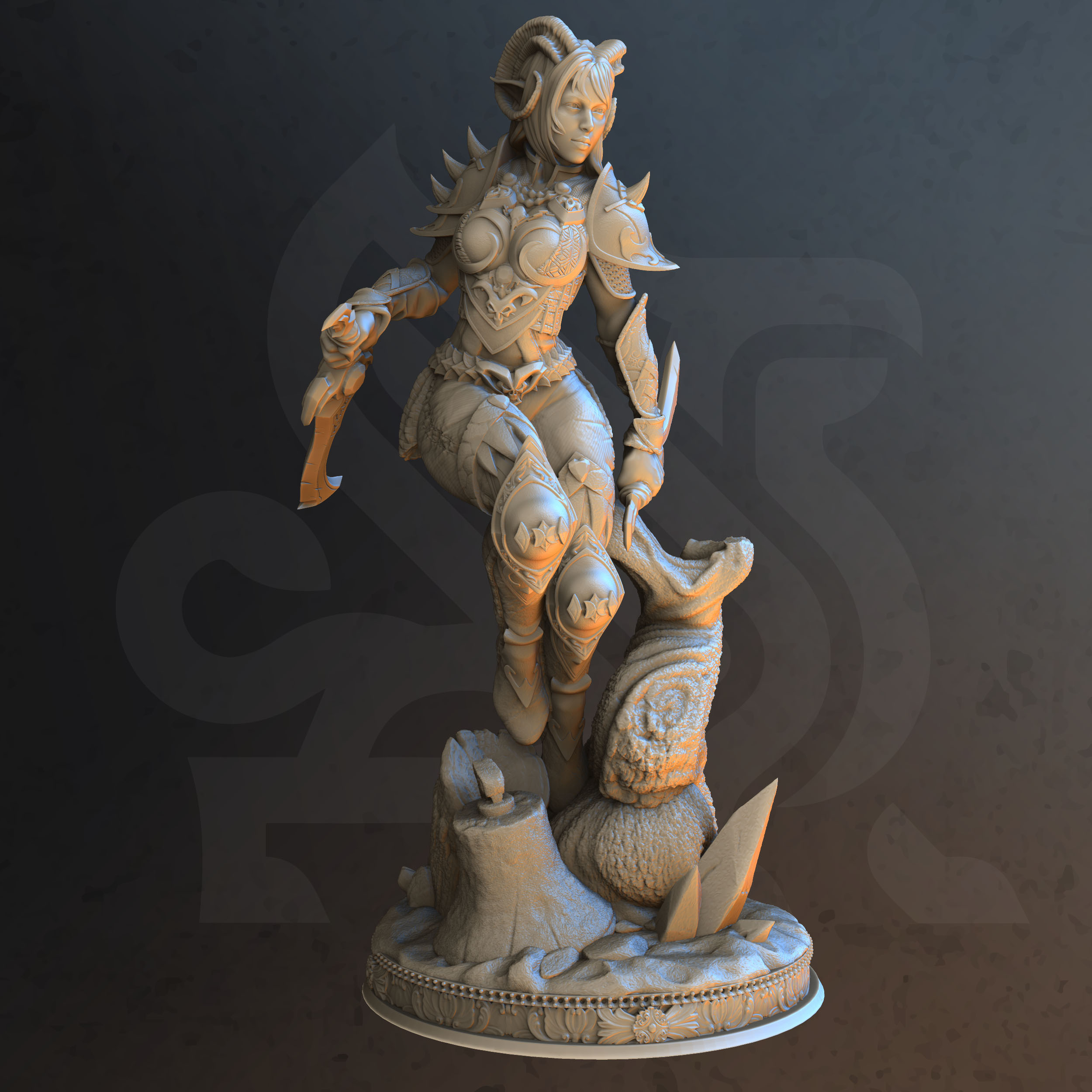 Unpainted resin miniature of Master of Poisoned Talons, a tiefling rogue, on a round base