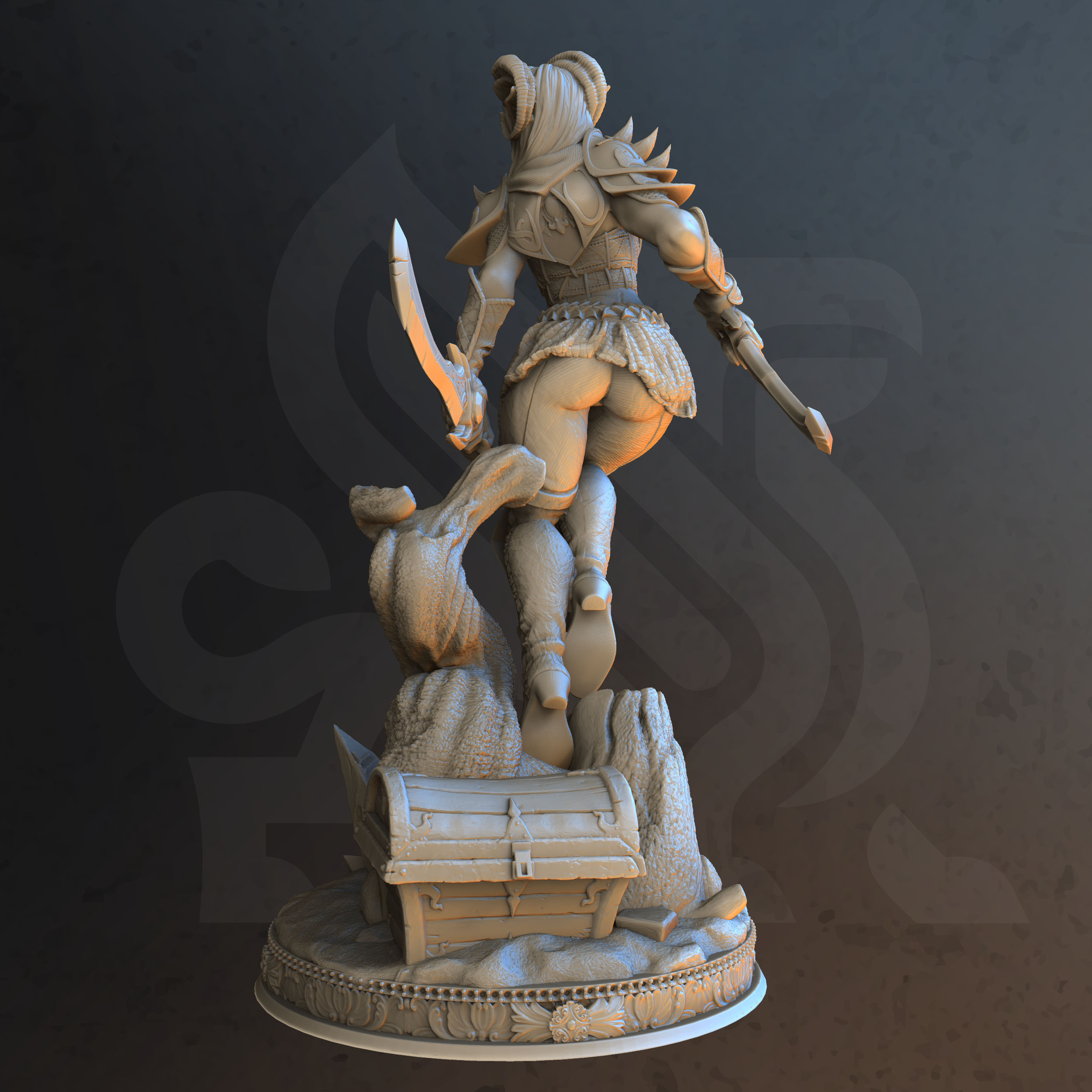 Unpainted resin miniature of Master of Poisoned Talons, a tiefling rogue, on a round base — view 2 of 2