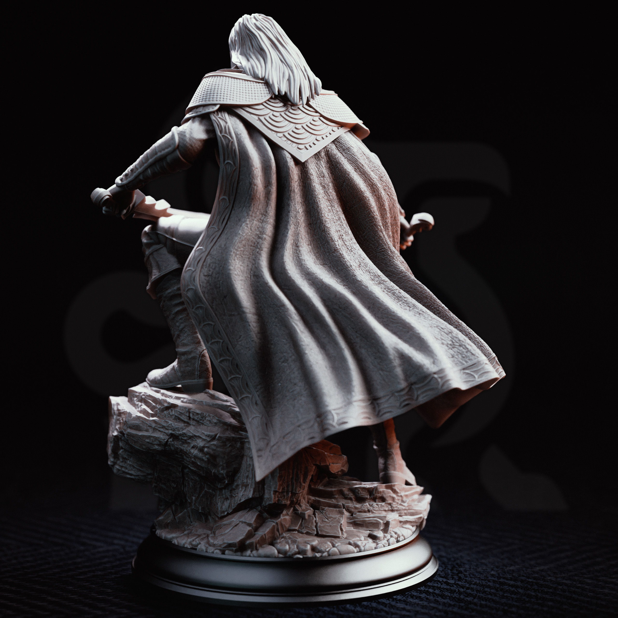 Unpainted resin miniature of Mayor Severin Linhardt, a human fighter/hex hunter/ranger/rogue, on a round base — view 2 of 4