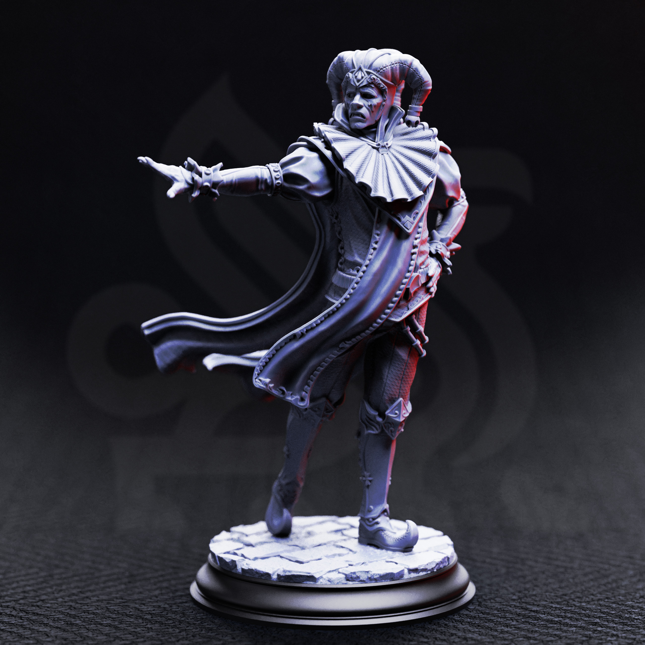 Unpainted resin miniature of Melancholy, sombre vampire jester
