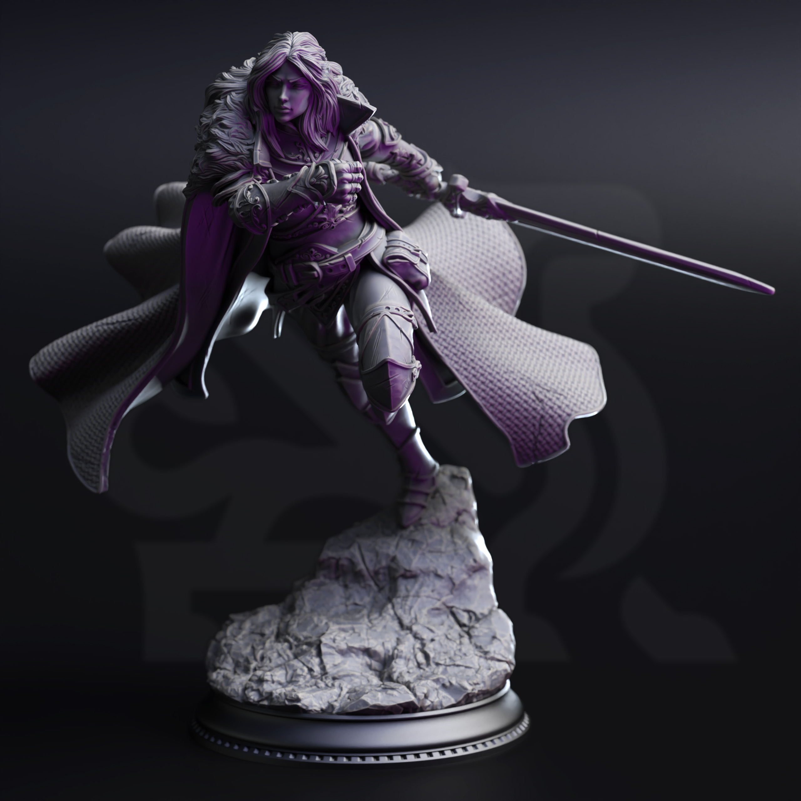 Unpainted resin miniature of Morgana Lynch, a human fighter, on a round base