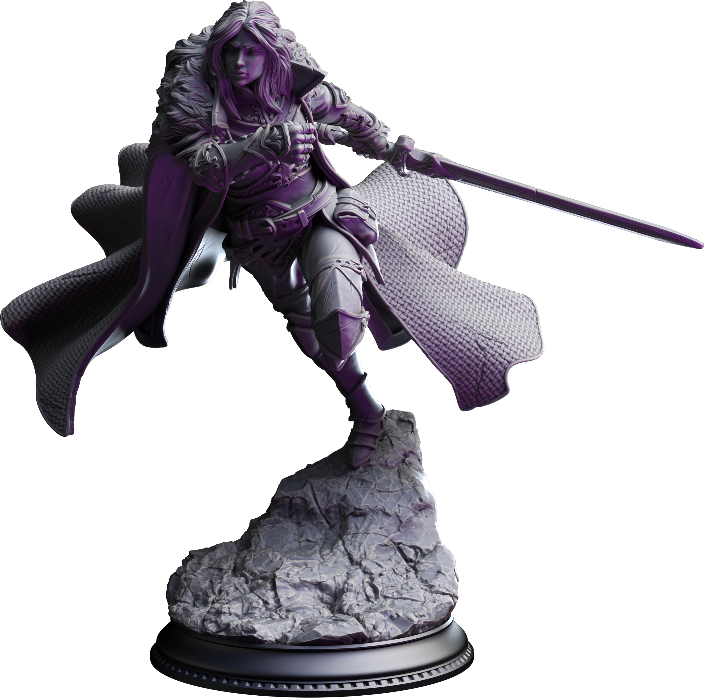Unpainted resin miniature of Morgana Lynch, a human fighter, on a round base — view 4 of 4