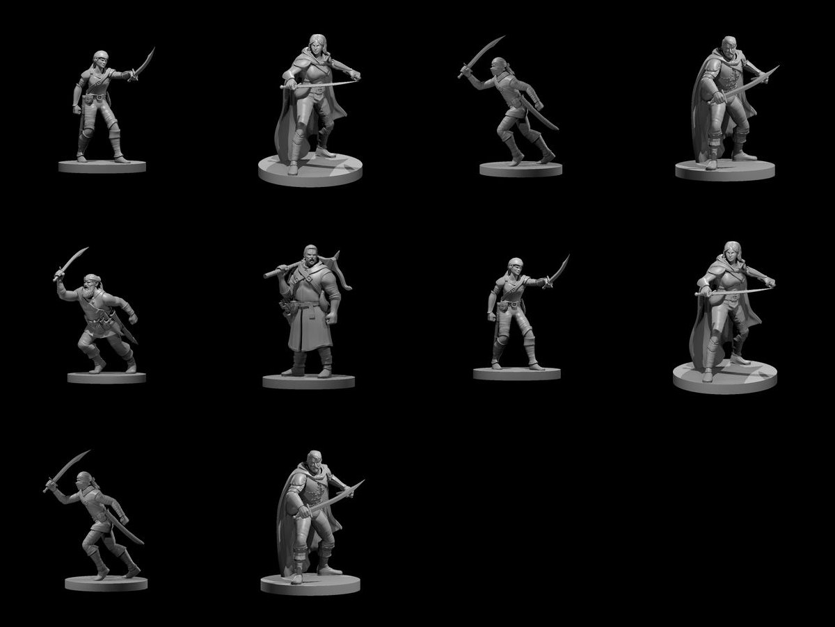 A Brace of Brigands: 10 unpainted resin miniatures by MZ4250 — eight bandits, their captain and a thug. Render sheet; a photograph of the printed set will replace it.