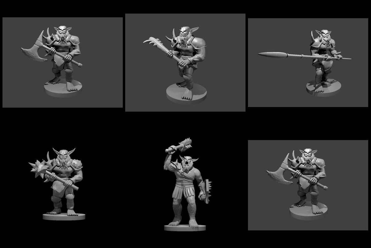 A Bushwhack of Bugbears: 6 unpainted resin miniatures by MZ4250 — five bugbears with axe, club, lance and morningstar, and their chief. Render sheet; a photograph of the printed set will replace it.