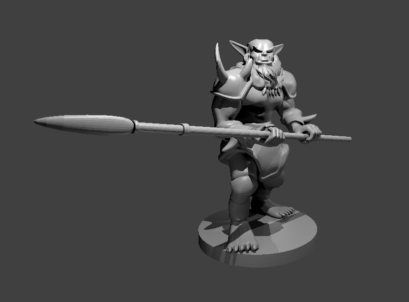 Unpainted resin miniature of a bugbear with a lance, sculpted by MZ4250