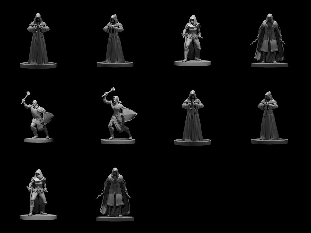 A Coven of Cultists: 10 unpainted resin miniatures by MZ4250 — six robed cultists, two fanatics and two priests. Render sheet; a photograph of the printed set will replace it.
