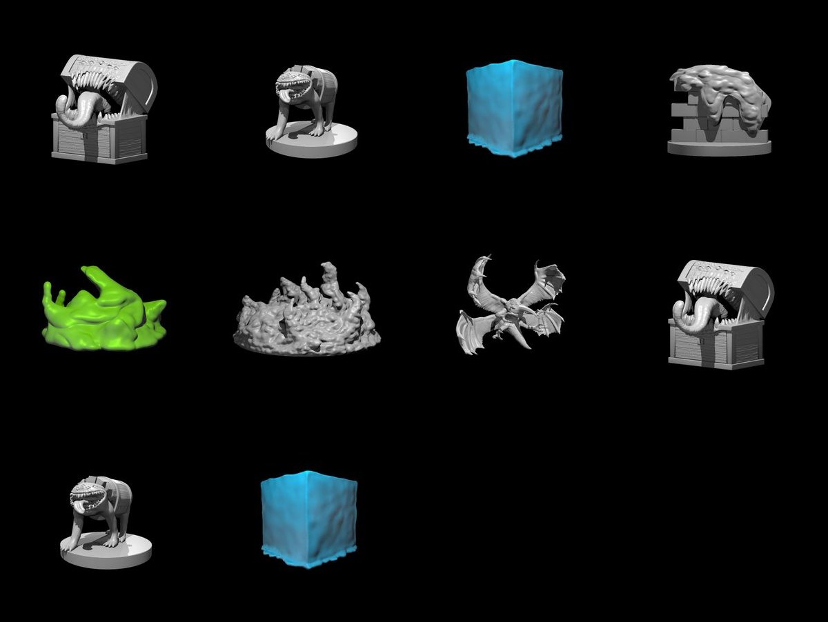 A Dungeon of Dangers: 10 unpainted resin miniatures by MZ4250 — a chest mimic, a barrel mimic, a gelatinous cube, a gray ooze, an ochre jelly, a black pudding and four stirges. Render sheet; a photograph of the printed set will replace it.