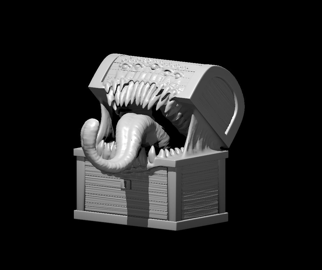 Unpainted resin miniature of a chest mimic, sculpted by MZ4250