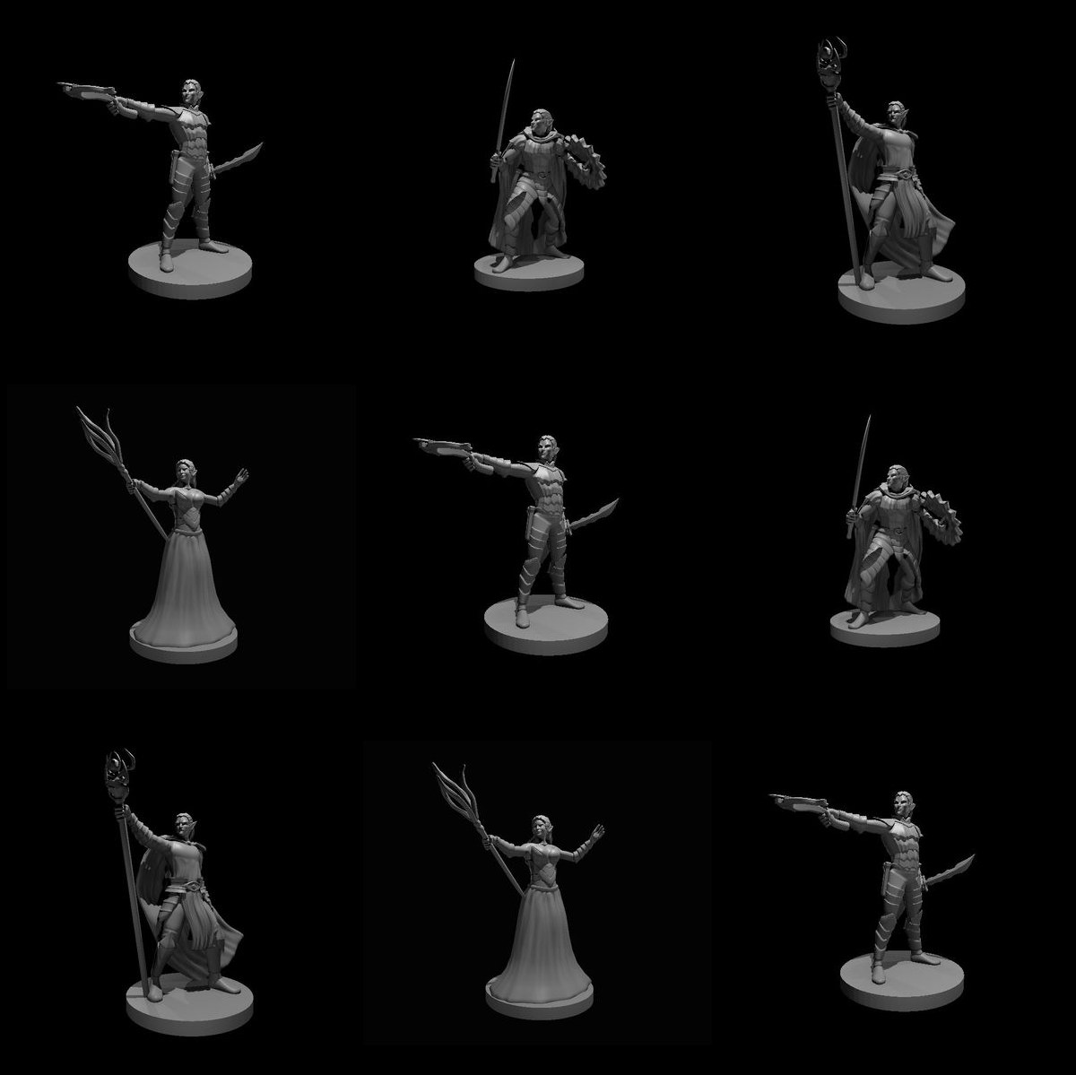 A Dusk of Drow: 9 unpainted resin miniatures by MZ4250 — six drow soldiers, an elite warrior, a mage and a priestess. Render sheet; a photograph of the printed set will replace it.