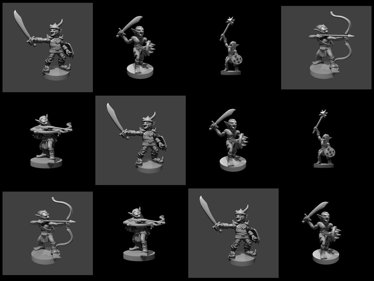 A Gaggle of Goblins: 12 unpainted resin miniatures by MZ4250 — a chief, scimitar goblins, mace goblins, archers and crossbow goblins from five sculpts. Render sheet; a photograph of the printed set will replace it.