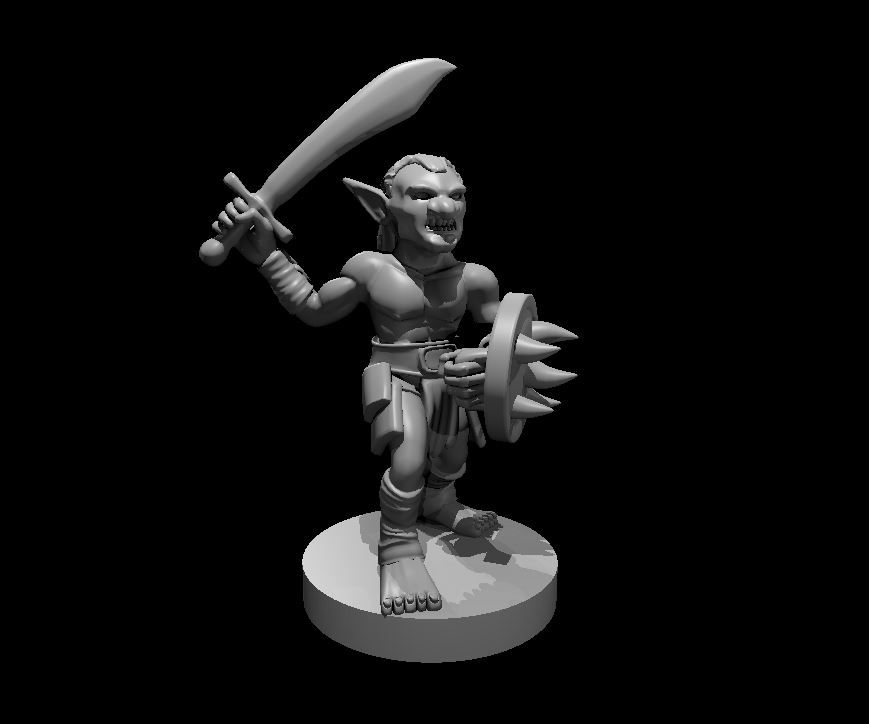 Unpainted resin miniature of a goblin with a mace and shield, sculpted by MZ4250