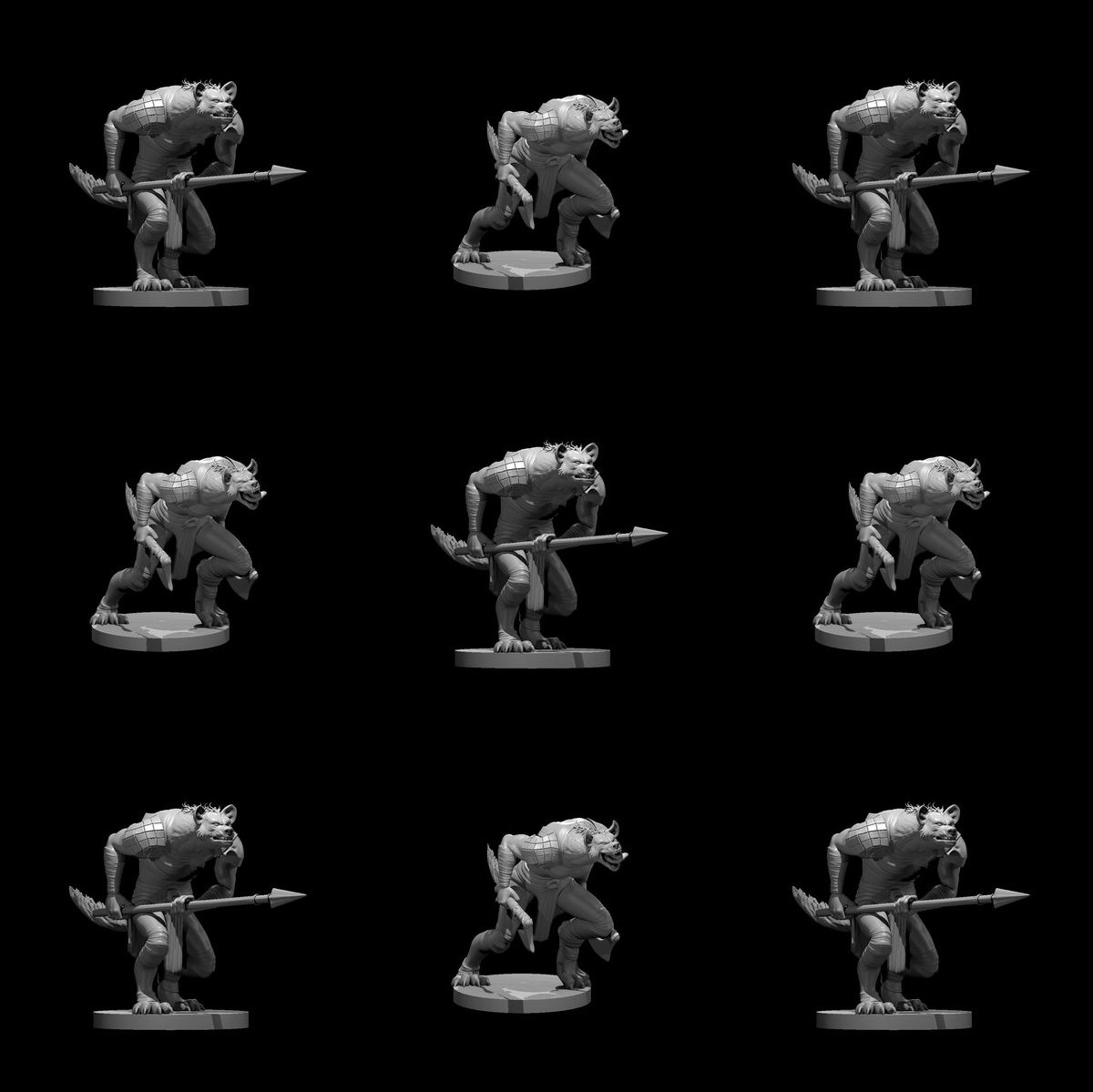 A Gnashing of Gnolls: 9 unpainted resin miniatures by MZ4250 — nine gnolls in two poses. Render sheet; a photograph of the printed set will replace it.