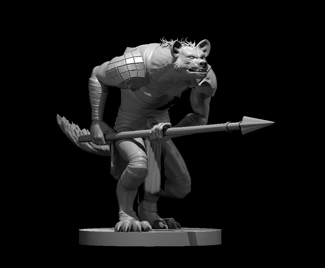Unpainted resin miniature of a gnoll with a spear, sculpted by MZ4250