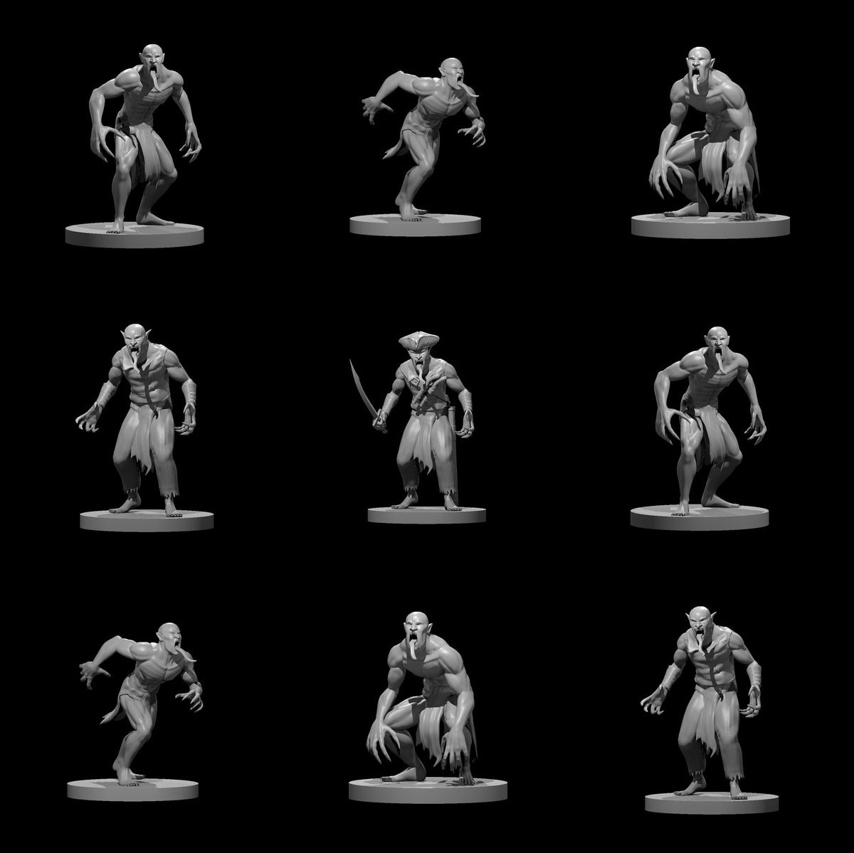 A Gorge of Ghouls: 9 unpainted resin miniatures by MZ4250 — seven ghouls in three poses and two ghasts. Render sheet; a photograph of the printed set will replace it.