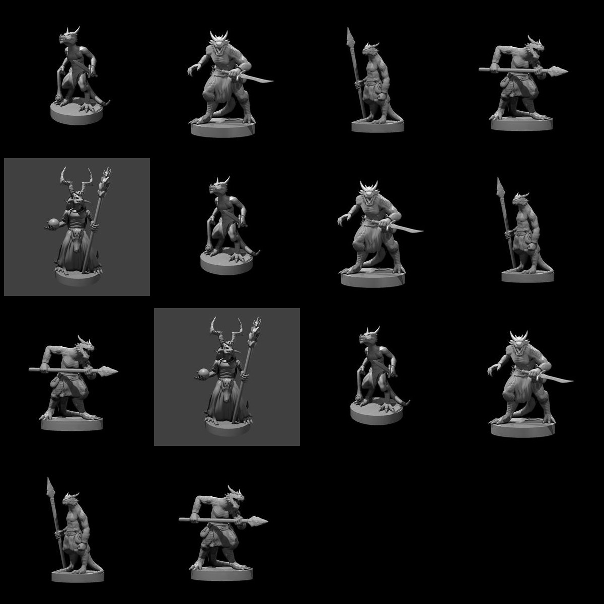A Kaboodle of Kobolds: 14 unpainted resin miniatures by MZ4250 — thirteen kobolds in four poses and their chief. Render sheet; a photograph of the printed set will replace it.