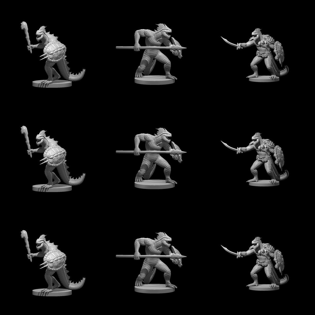 A Lurk of Lizardfolk: 9 unpainted resin miniatures by MZ4250 — eight lizardfolk warriors and their chieftain. Render sheet; a photograph of the printed set will replace it.