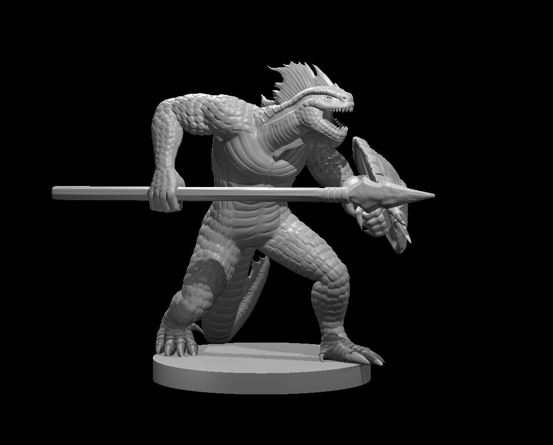 Unpainted resin miniature of a lizardfolk with spear and shield, sculpted by MZ4250