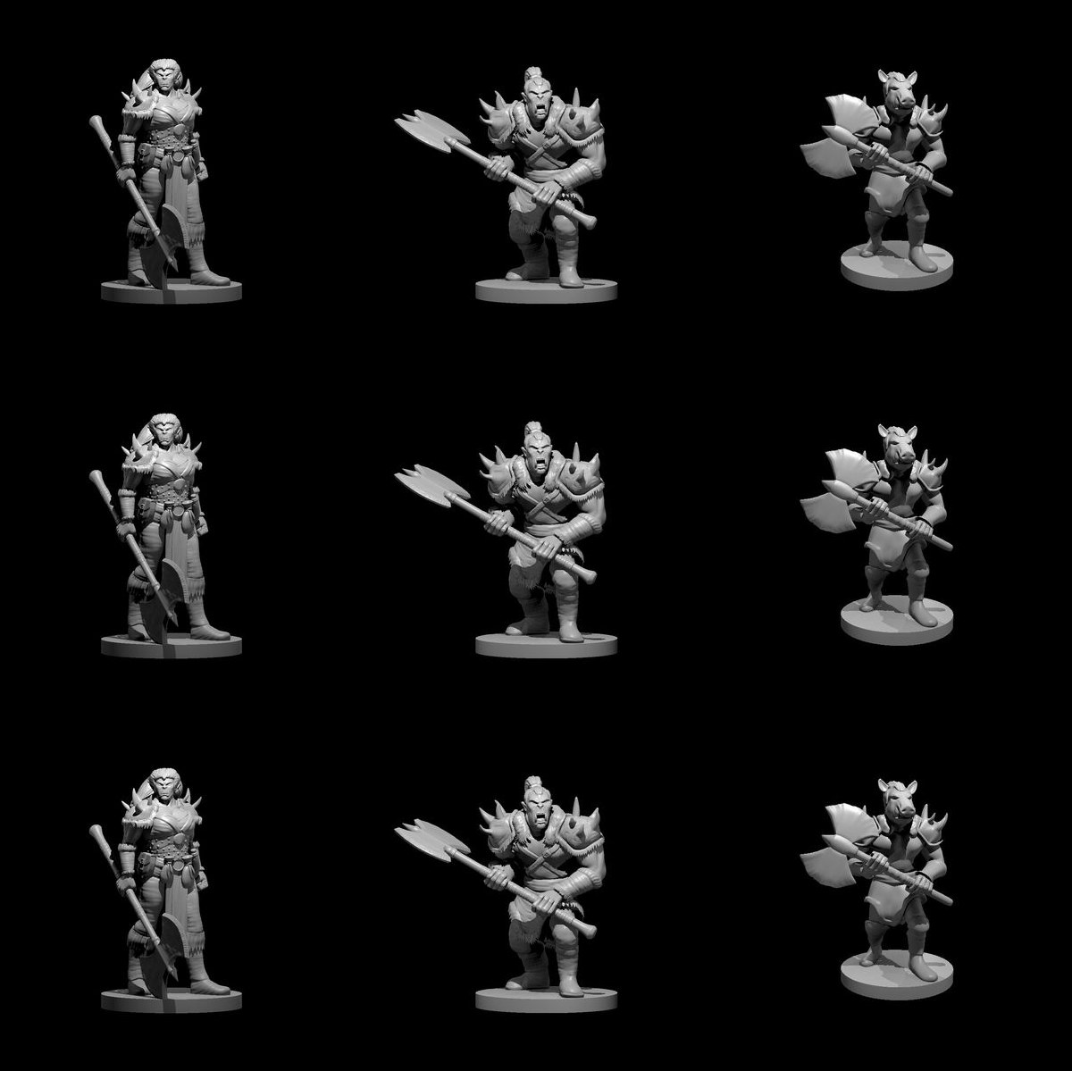 An Onslaught of Orcs: 9 unpainted resin miniatures by MZ4250 — eight orc warriors and a pig-faced orc of the old school. Render sheet; a photograph of the printed set will replace it.