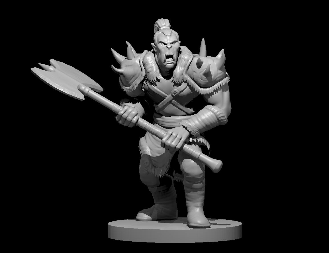 Unpainted resin miniature of a orc warrior with a greataxe, sculpted by MZ4250