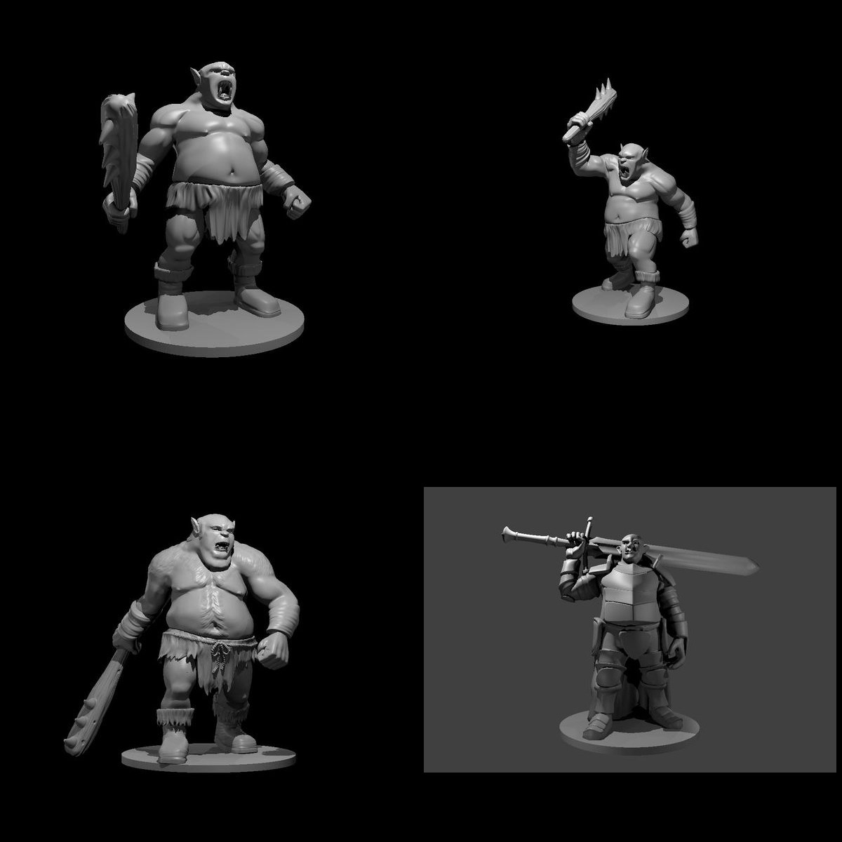 An Outrage of Ogres: 4 unpainted resin miniatures by MZ4250 — four ogres, one of them in full plate. Render sheet; a photograph of the printed set will replace it.
