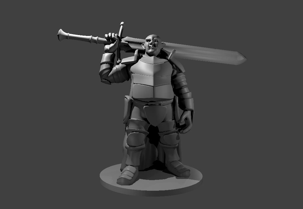 Unpainted resin miniature of a ogre in full plate with a sword, sculpted by MZ4250