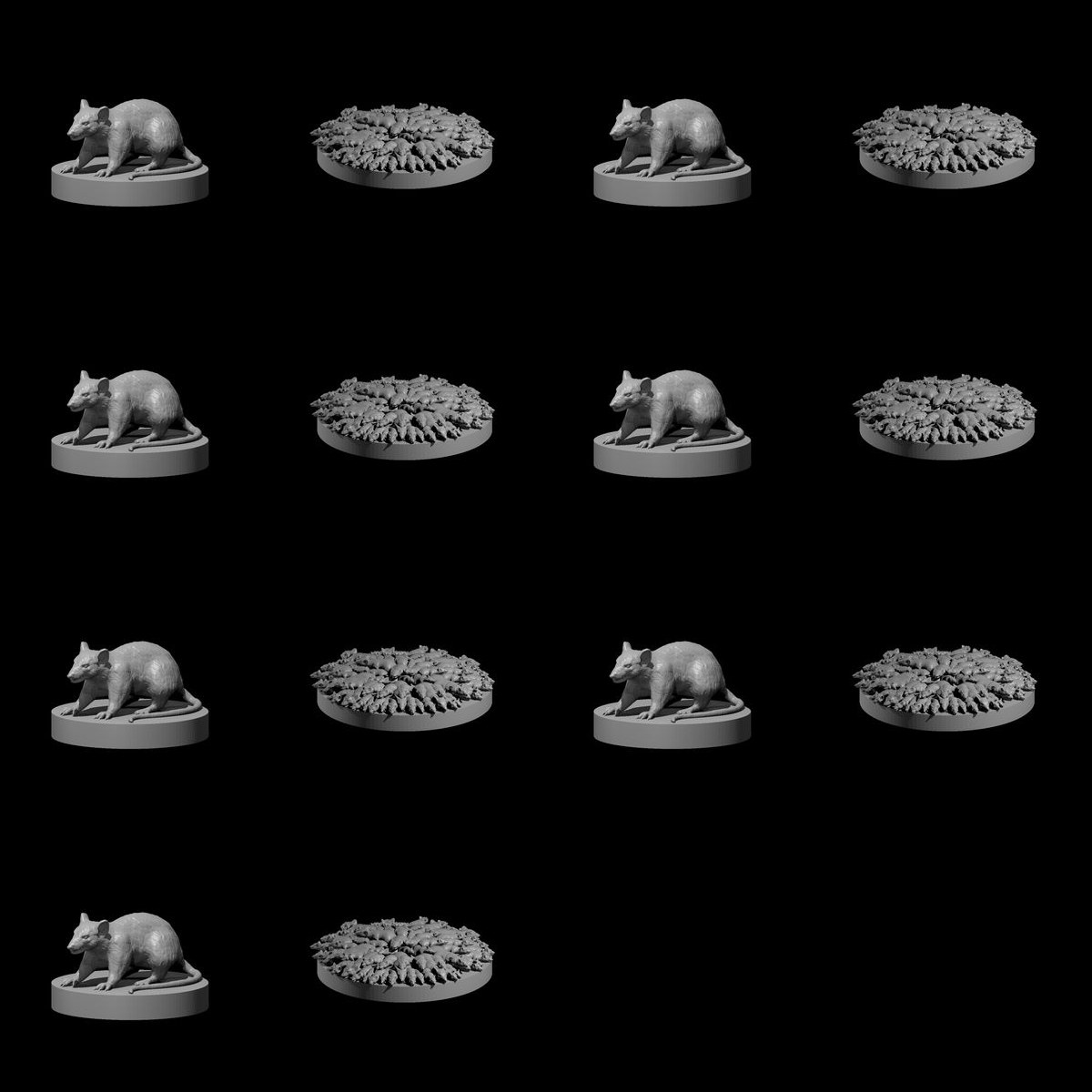 A Ruckus of Rats: 14 unpainted resin miniatures by MZ4250 — twelve giant rats and two rat swarms. Render sheet; a photograph of the printed set will replace it.