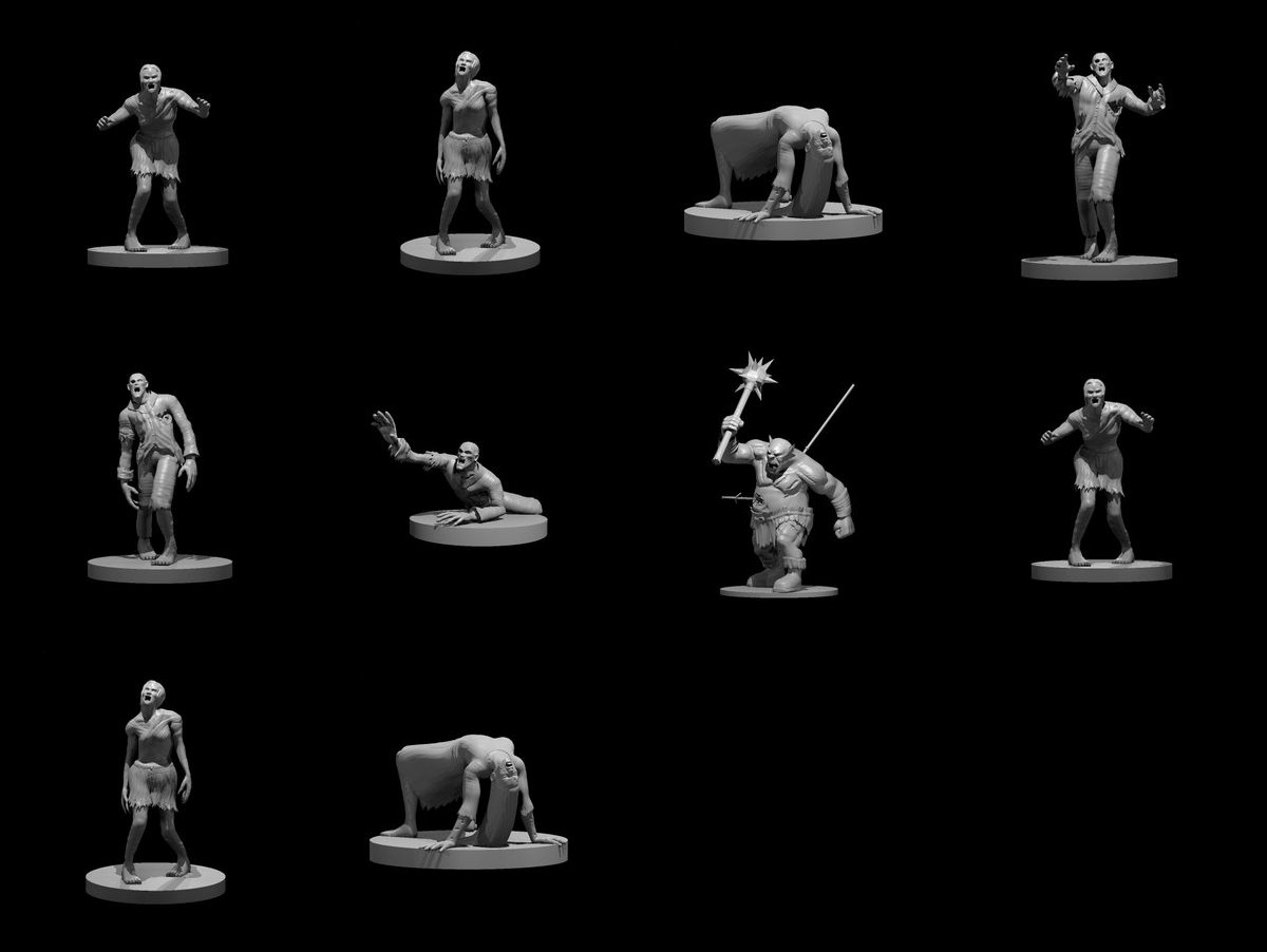 A Shamble of Zombies: 10 unpainted resin miniatures by MZ4250 — nine zombies in six poses and an ogre zombie. Render sheet; a photograph of the printed set will replace it.