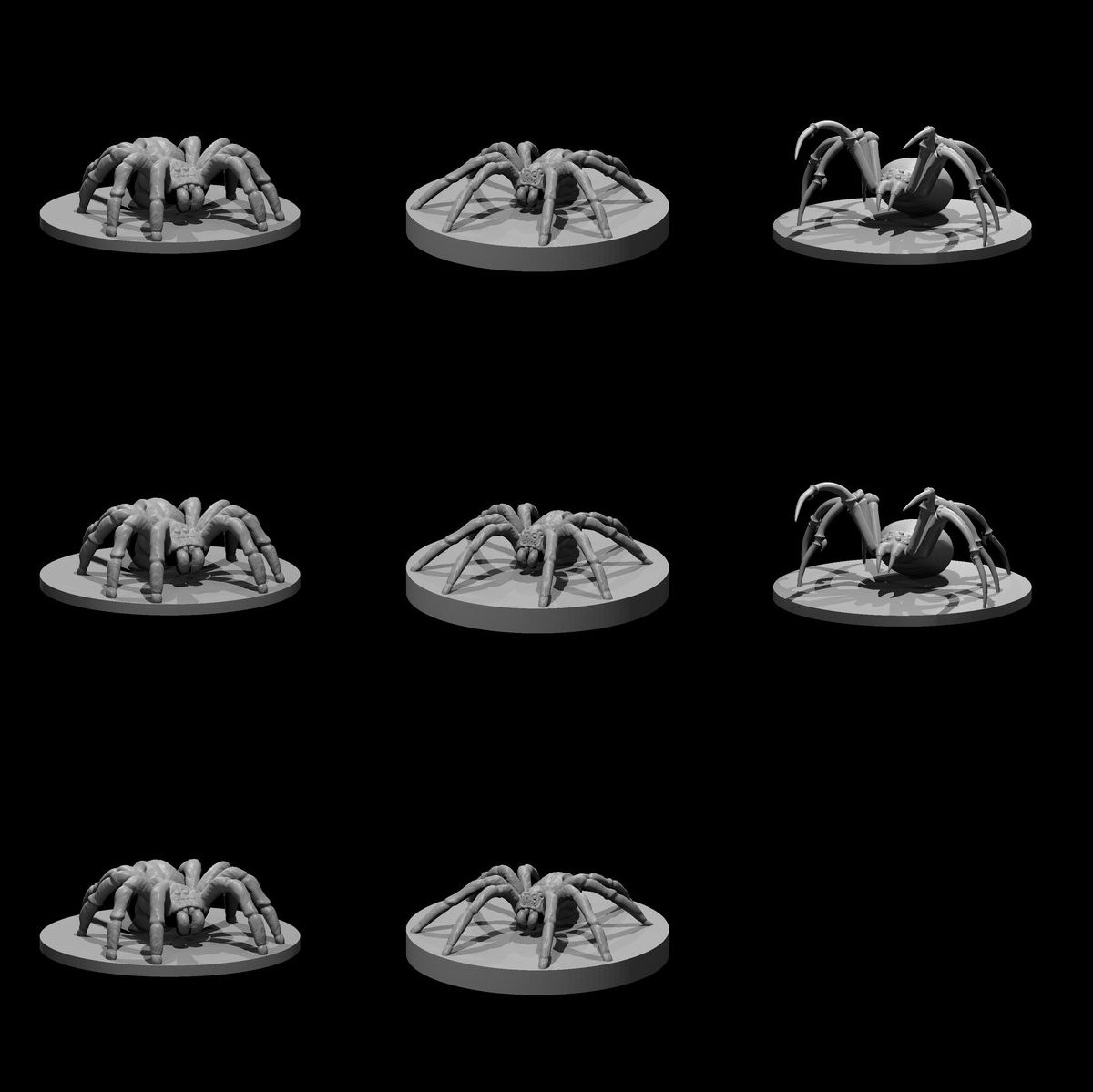 A Skitter of Spiders: 8 unpainted resin miniatures by MZ4250 — four giant spiders, three giant wolf spiders and a phase spider. Render sheet; a photograph of the printed set will replace it.