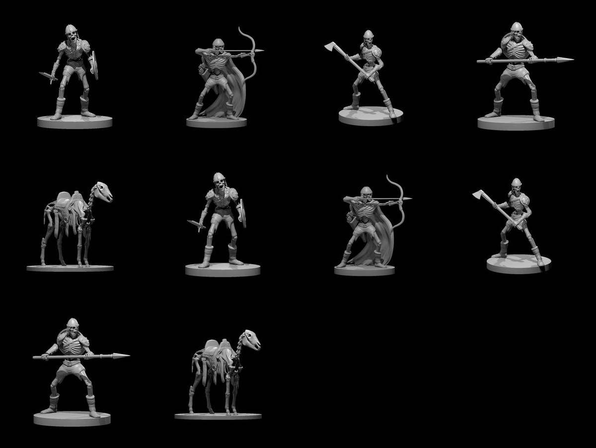 A Skulk of Skeletons: 10 unpainted resin miniatures by MZ4250 — nine skeletons with swords, axes, spears and bows, and a skeletal warhorse. Render sheet; a photograph of the printed set will replace it.