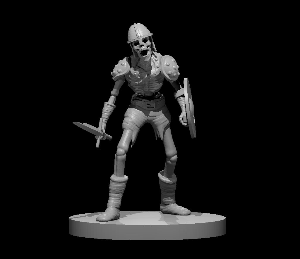 Unpainted resin miniature of a skeleton with sword and shield, sculpted by MZ4250