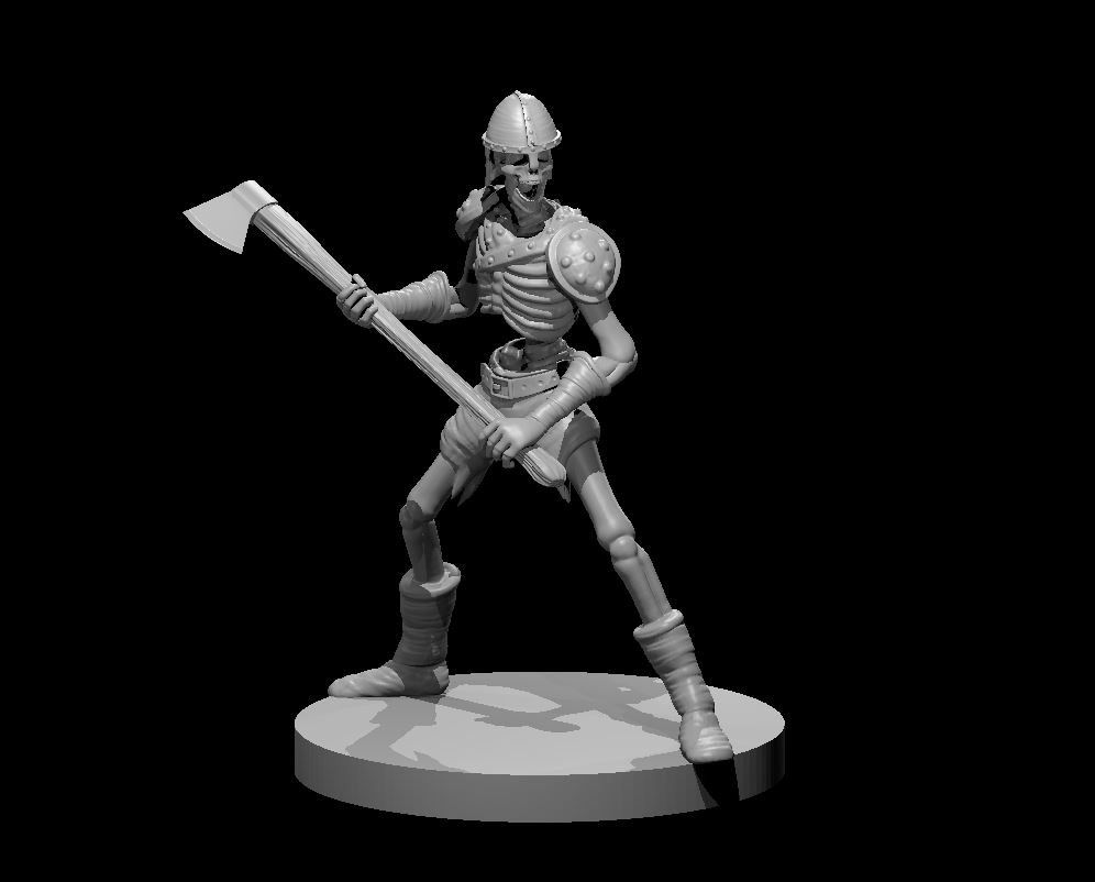 Unpainted resin miniature of a skeleton with an axe, sculpted by MZ4250