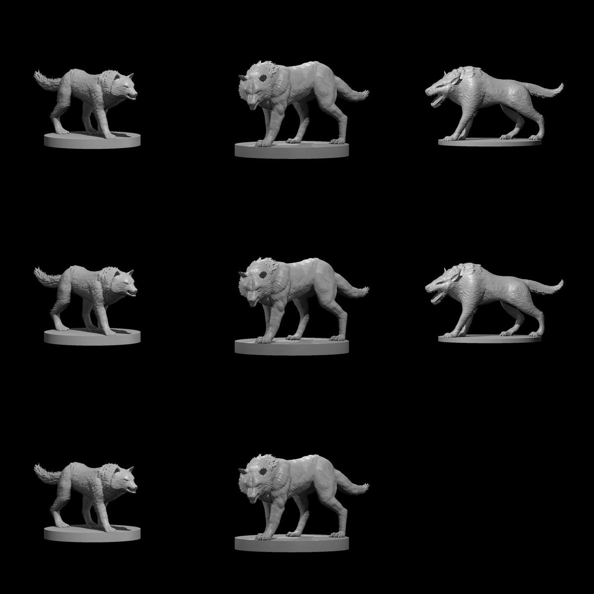 A Wail of Wolves: 8 unpainted resin miniatures by MZ4250 — six wolves in two poses and two worgs. Render sheet; a photograph of the printed set will replace it.