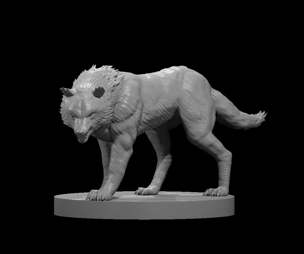 Unpainted resin miniature of a wolf, head low, sculpted by MZ4250