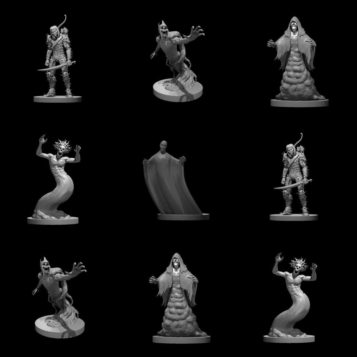 A Wake of Wights: 9 unpainted resin miniatures by MZ4250 — three wights, three wraiths, two specters and a shadow. Render sheet; a photograph of the printed set will replace it.