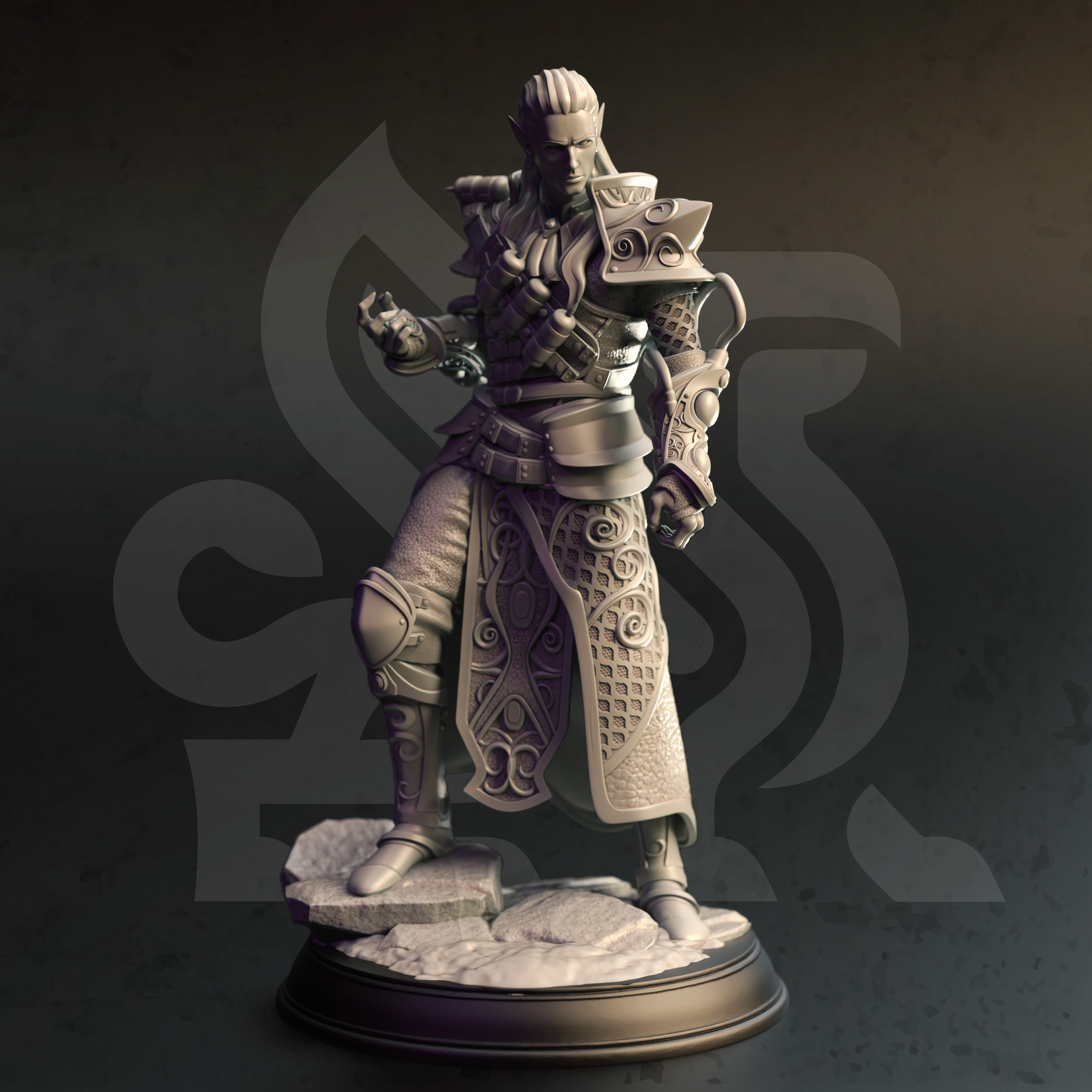 Unpainted resin miniature of Netros of House Verani, an elf alchemist/artificer, on a round base