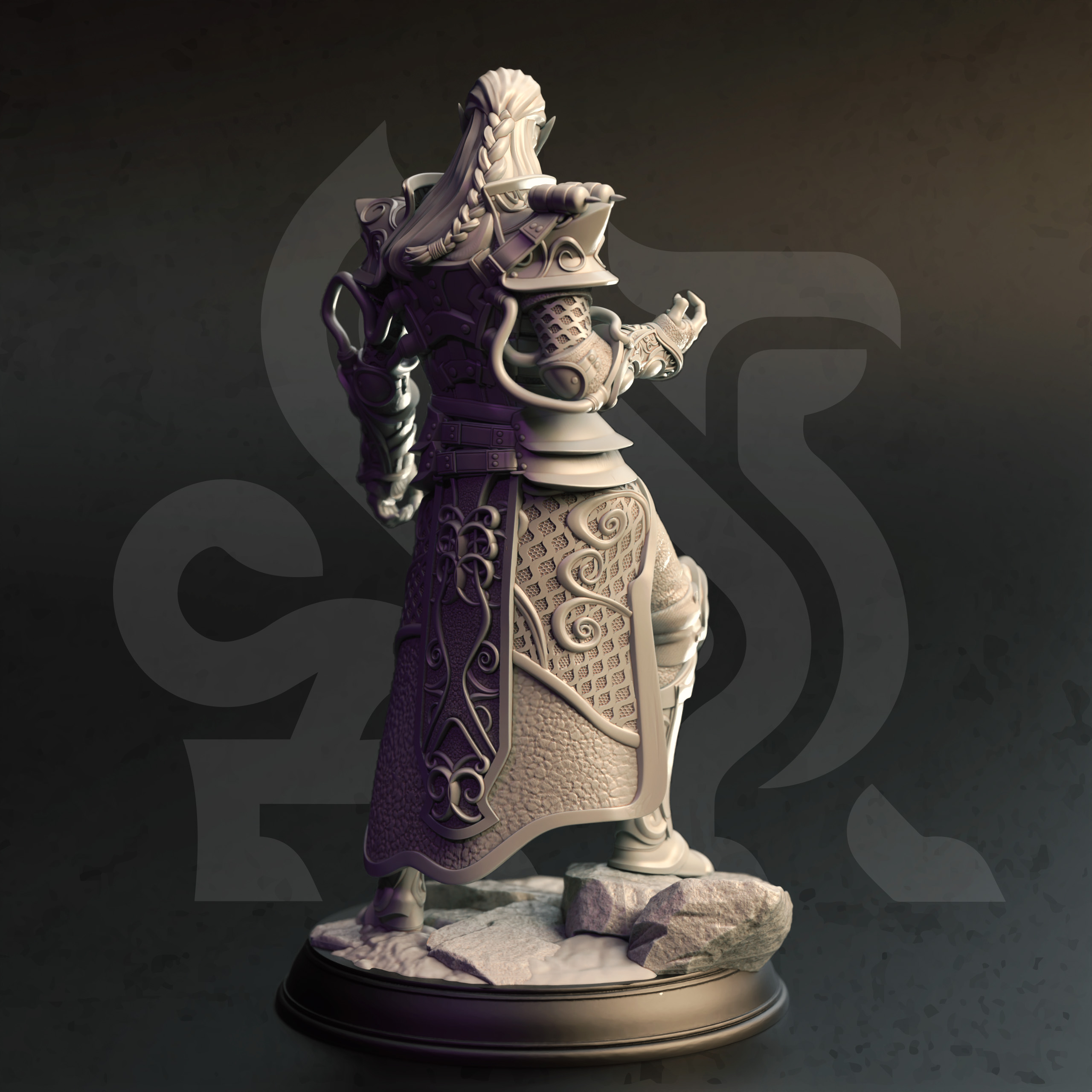 Unpainted resin miniature of Netros of House Verani, an elf alchemist/artificer, on a round base — view 3 of 4