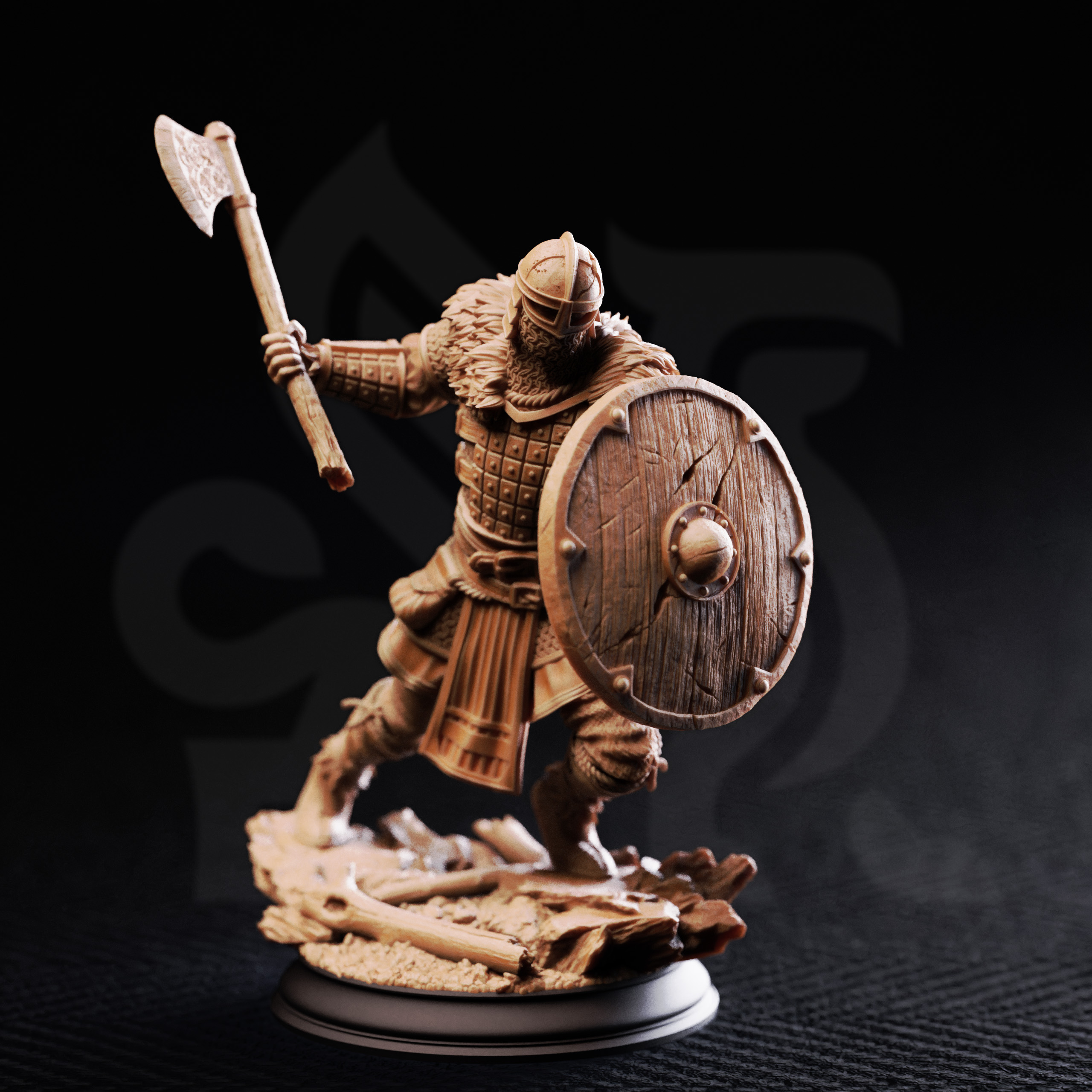 Unpainted resin miniature of Nils Olav, a human fighter, on a round base
