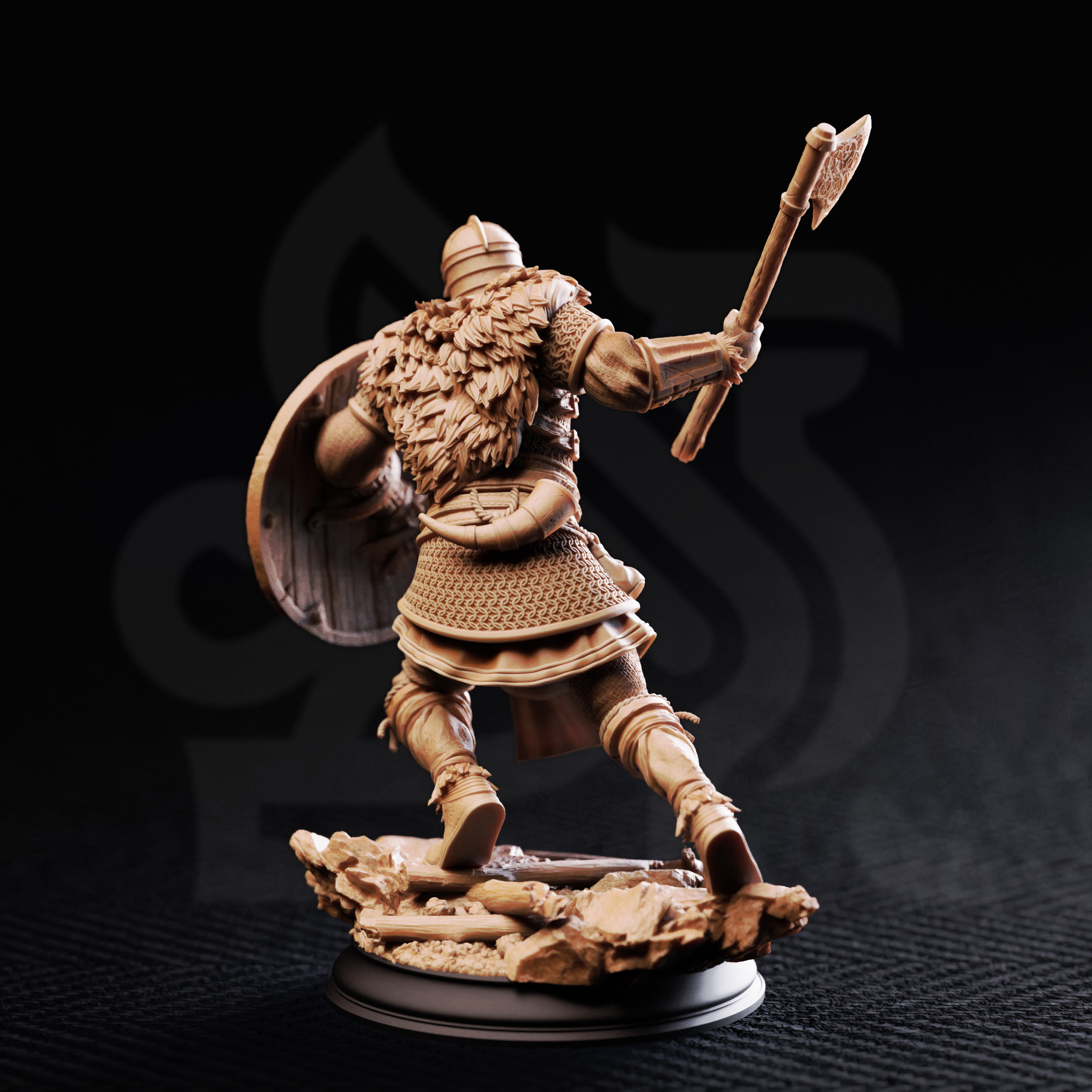 Unpainted resin miniature of Nils Olav, a human fighter, on a round base — view 2 of 4