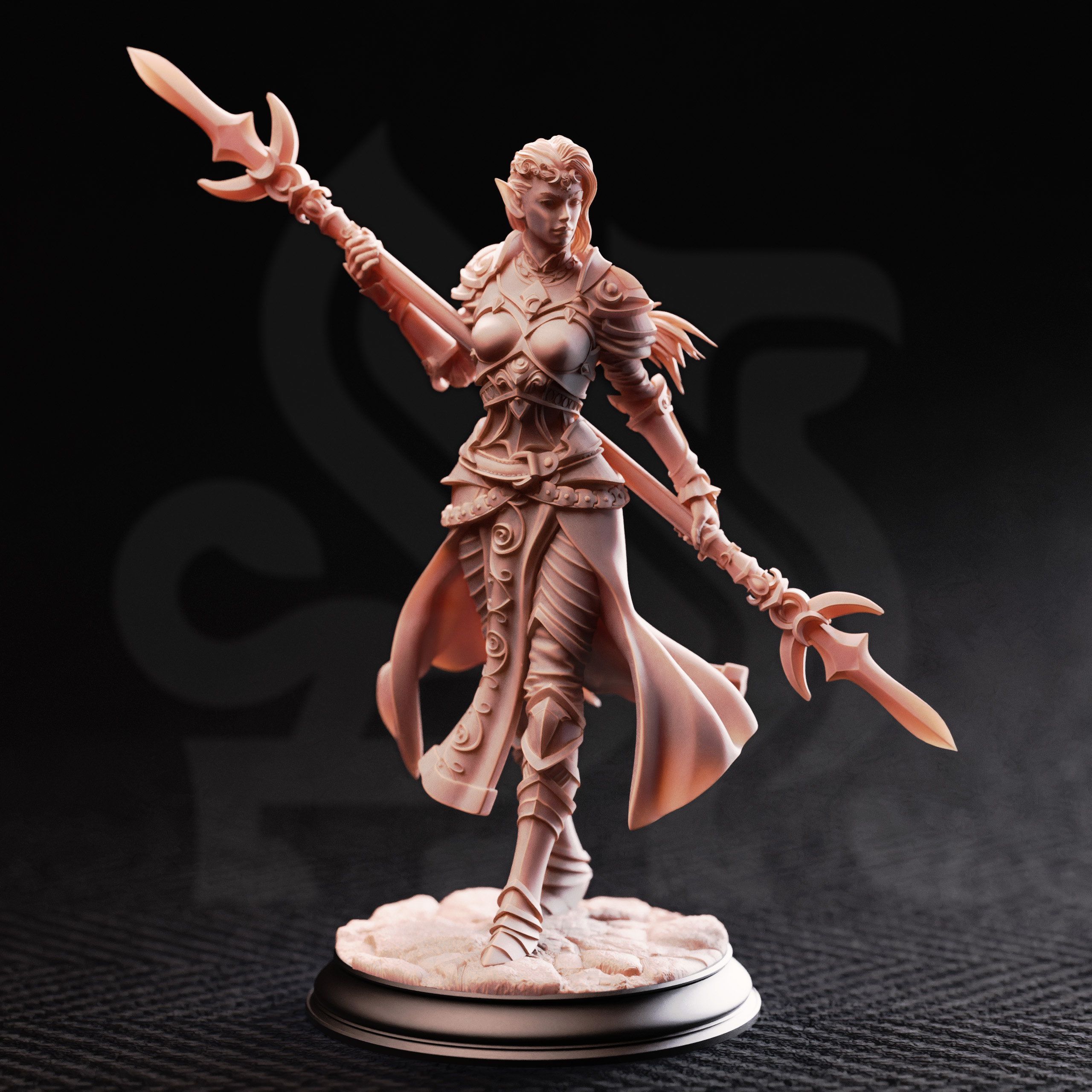 Unpainted resin miniature of Ninera Glynvari, blade of the crescent moon