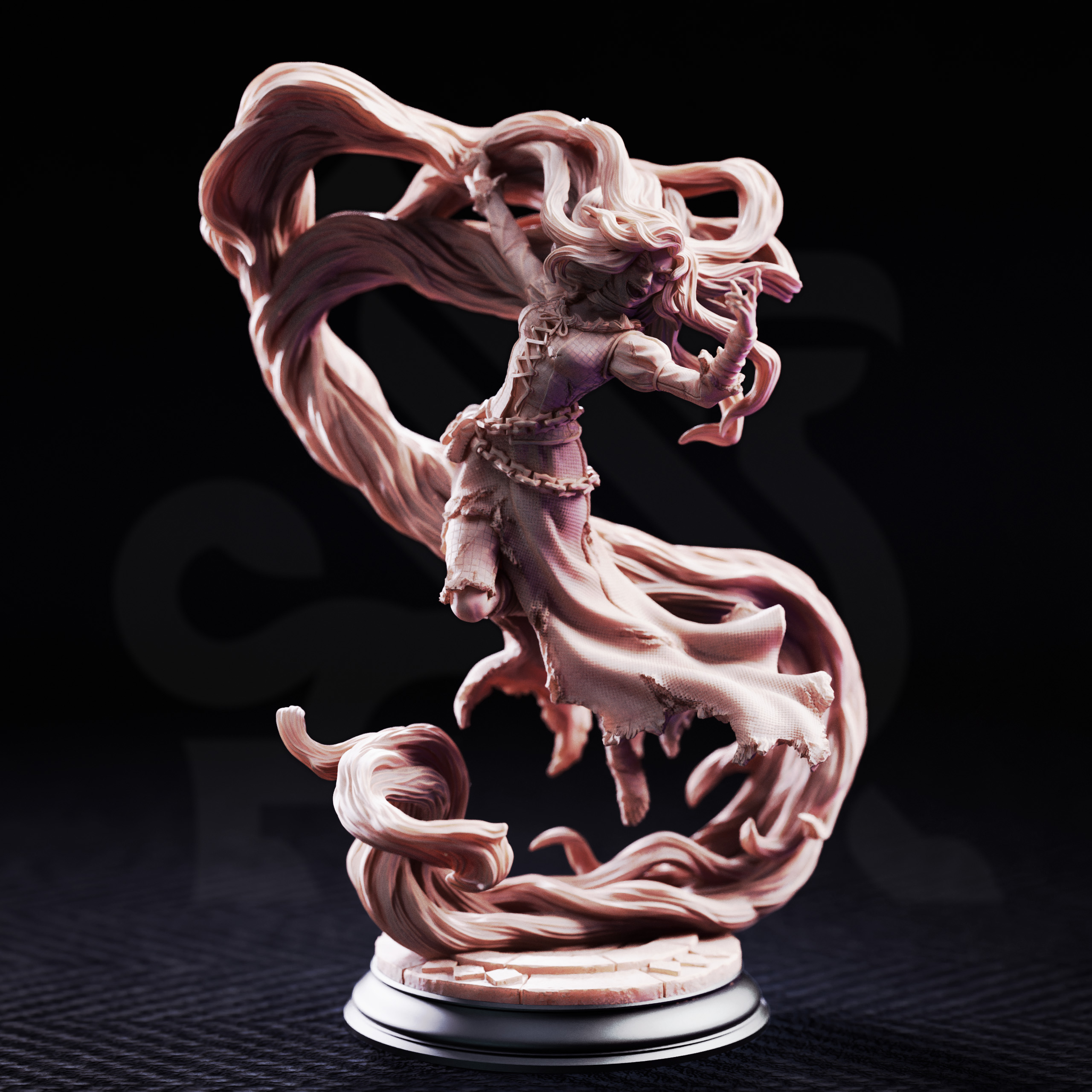 Unpainted resin miniature of Rapunzel the Mad, broken princess