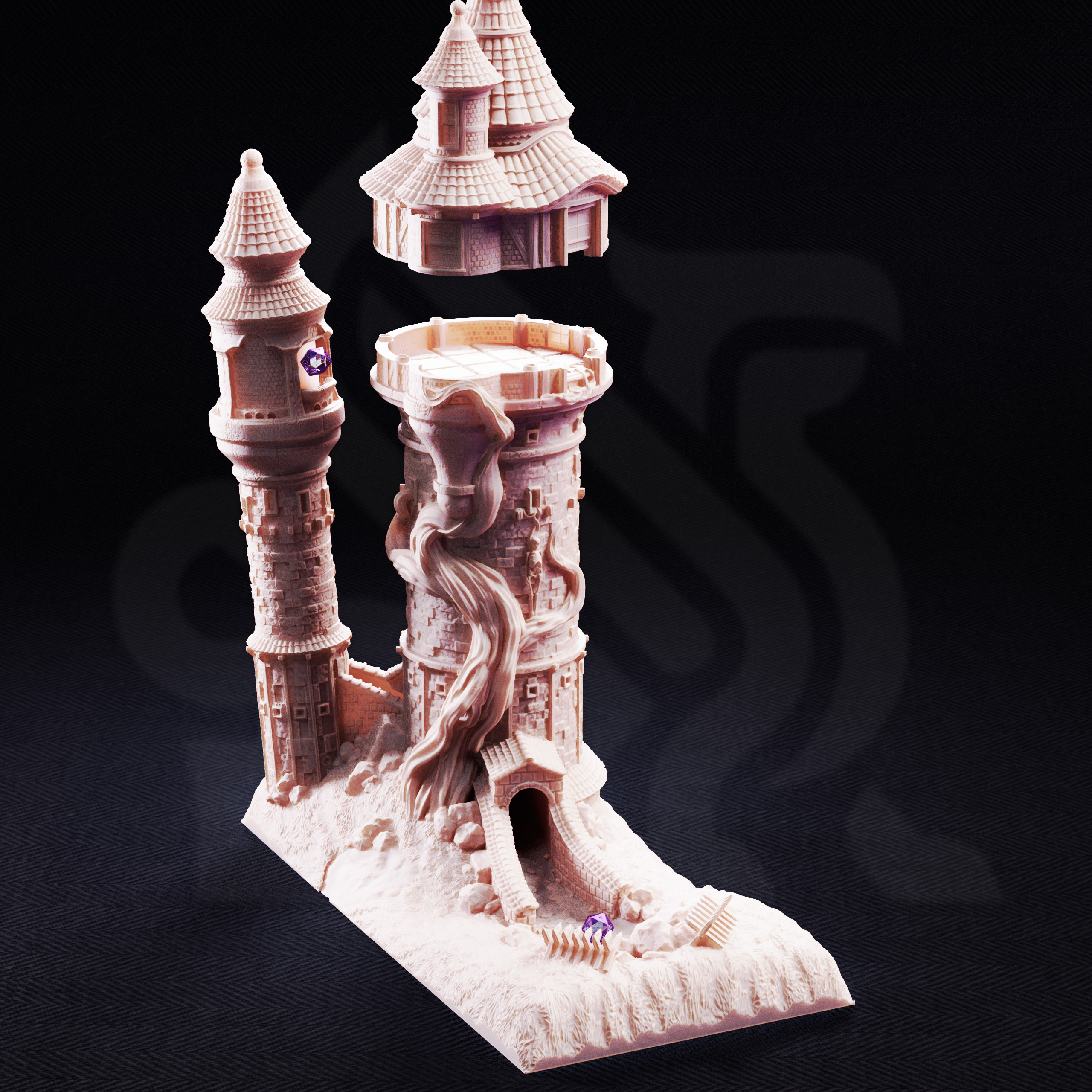 Unpainted resin miniature of Rapunzel’s Cursed Tower, playable dice tower terrain