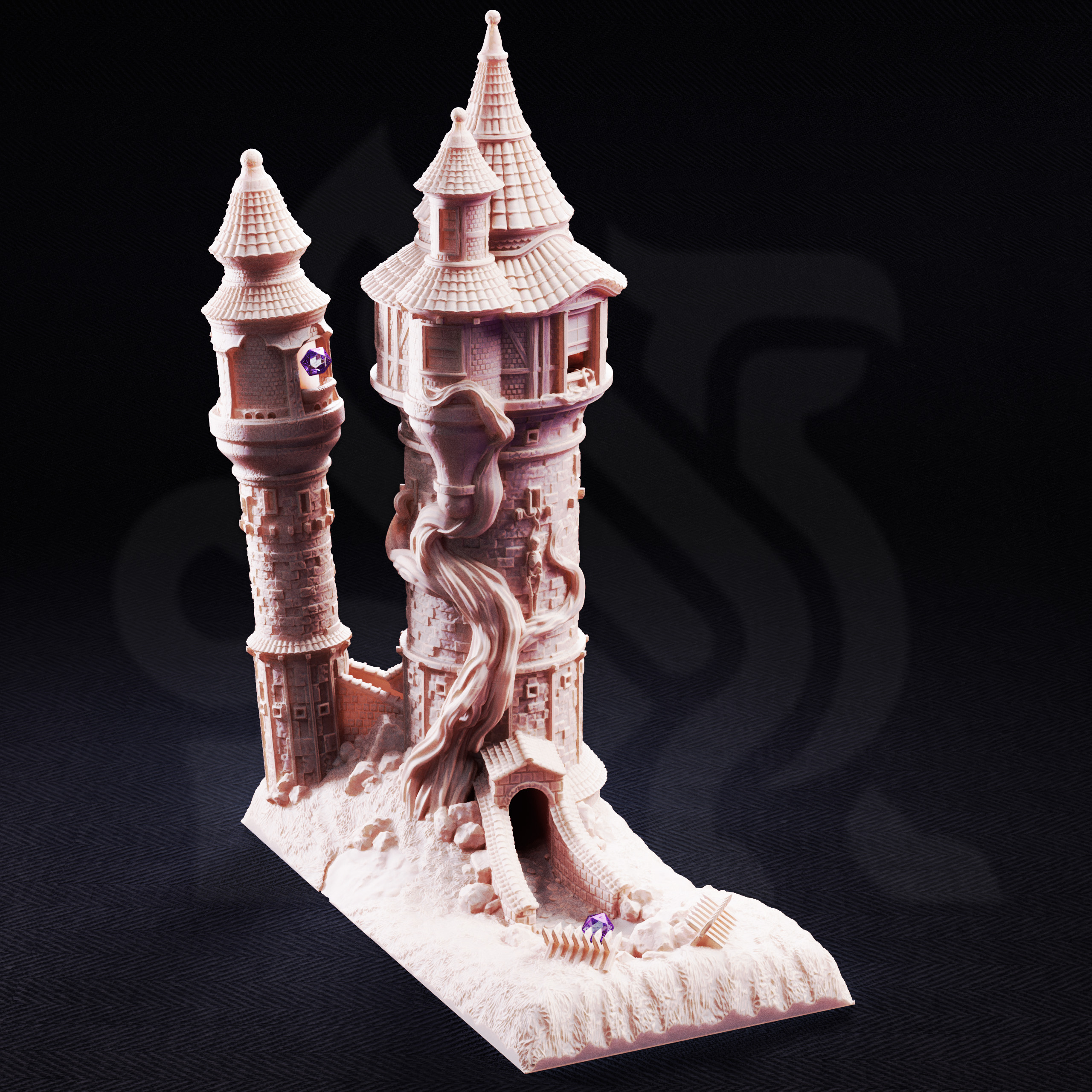 Unpainted resin miniature of Rapunzel’s Cursed Tower, playable dice tower terrain — view 2 of 6