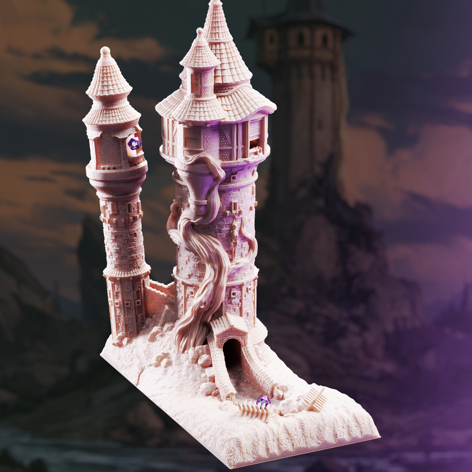Unpainted resin miniature of Rapunzel’s Cursed Tower, playable dice tower terrain — view 4 of 6