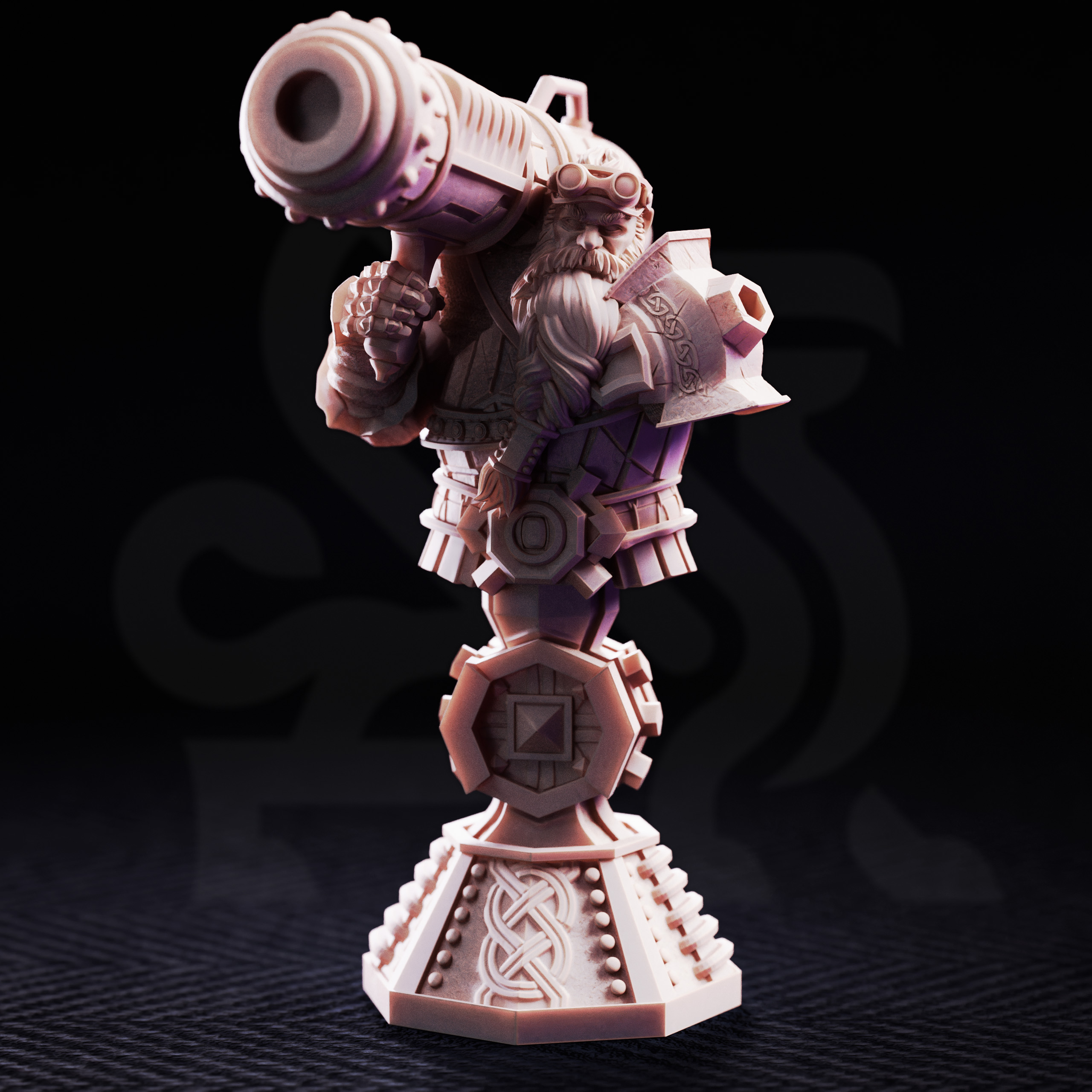 Unpainted resin miniature of Rook, dwarven cannoneer