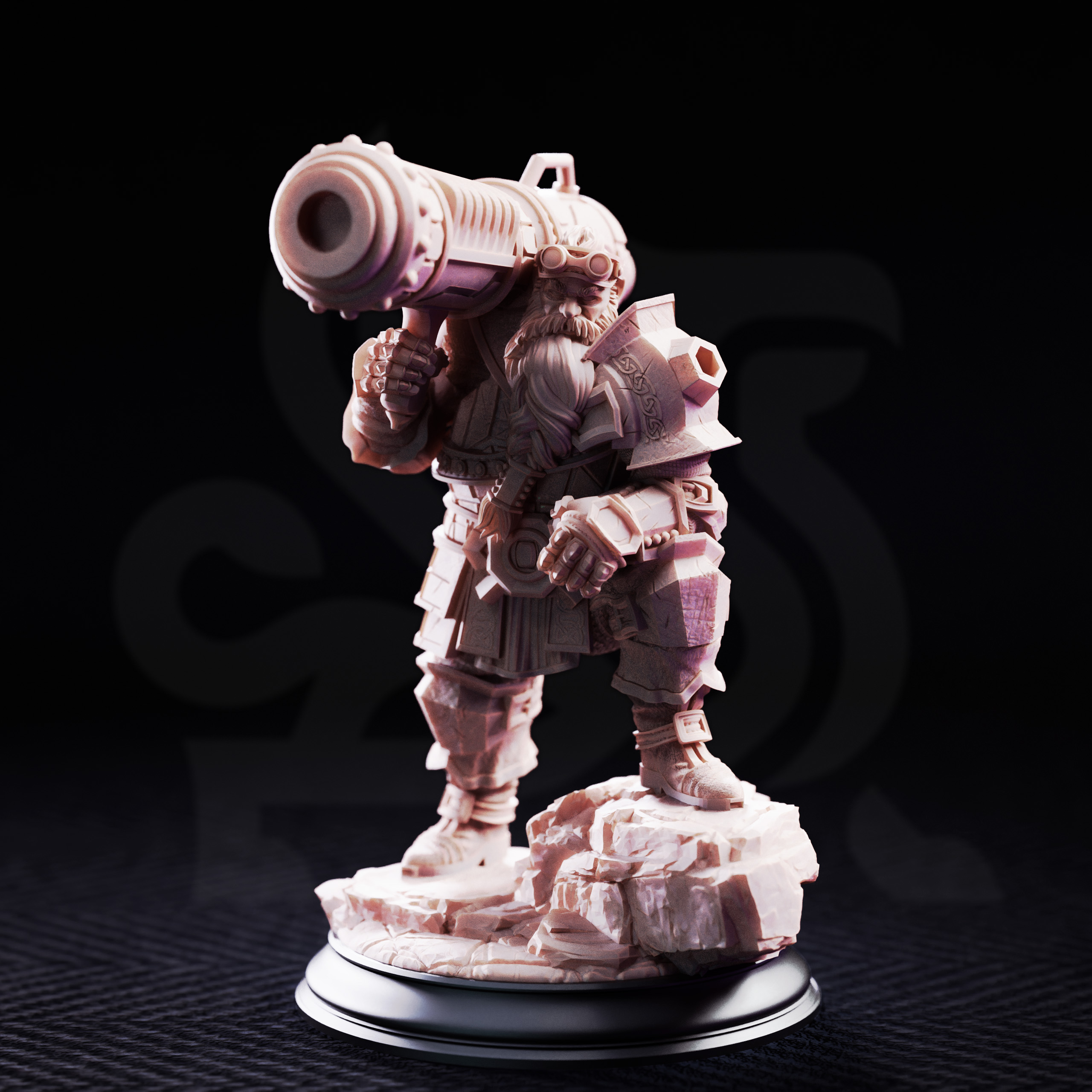 Unpainted resin miniature of Rook, dwarven cannoneer